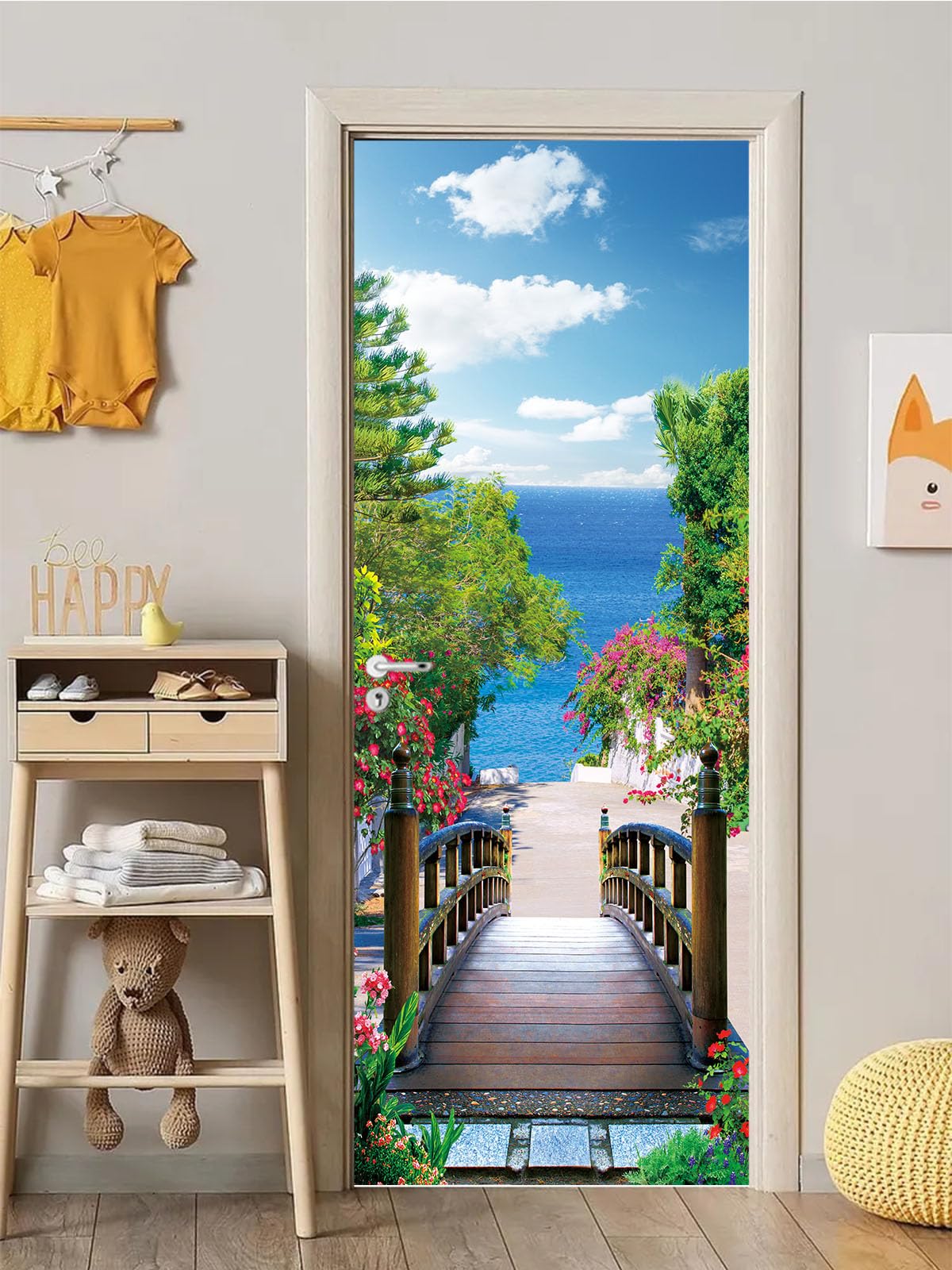 FLFK 3D Wood Bridge Seaside Scenery Door Sticker Peel and Stick 77x200cm-Self-adhesive Door Poster Wallpaper Murals for Bedroom Home Decor(2Pcs/Set)