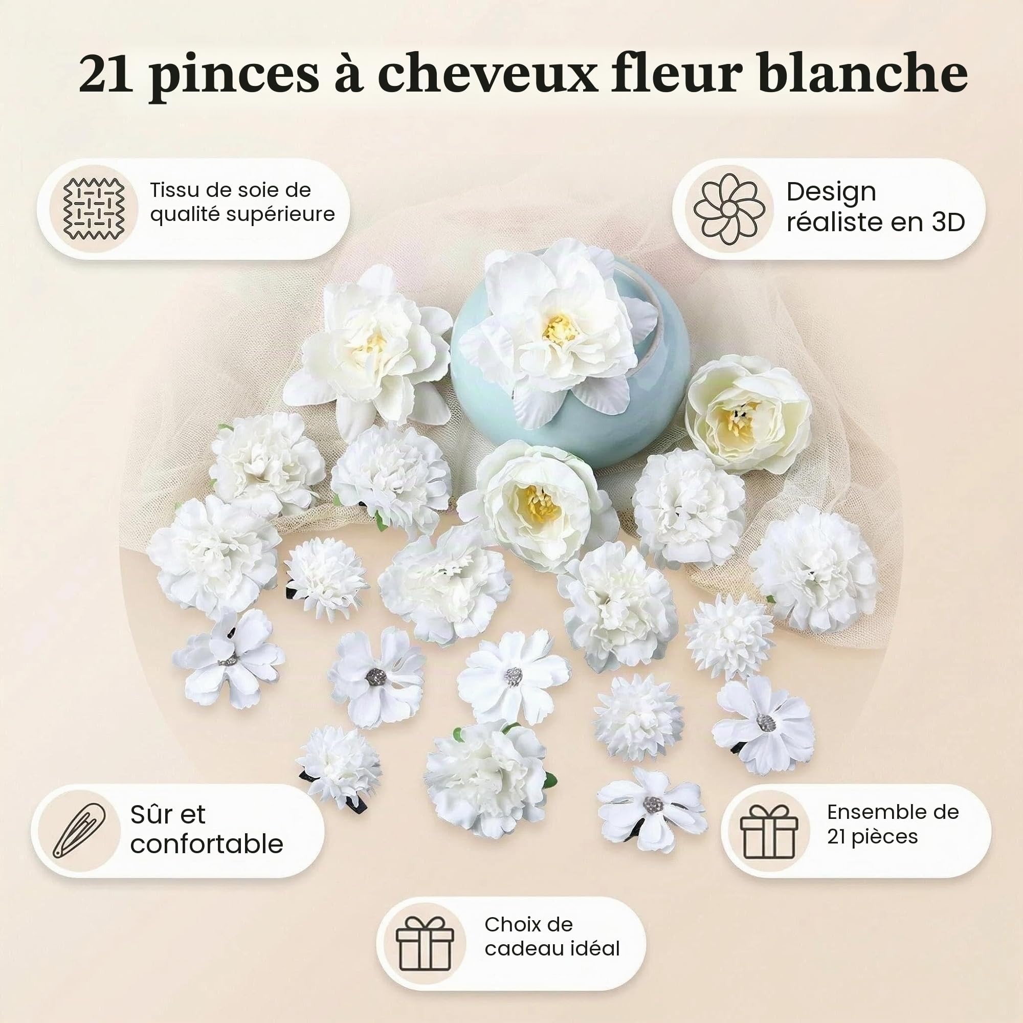 Lot de 21 pinces à cheveux en forme de fleur en tissu de soie pour femme, plusieurs designs élégants, style bohème, mariage, plage, fête (blanc)