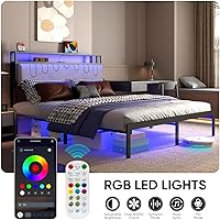 Vista 4 de Base de cama matrimonial con estación de carga y luces LED, plataforma de cama de tamaño matrimonial con listones de metal, cabecera tapizada