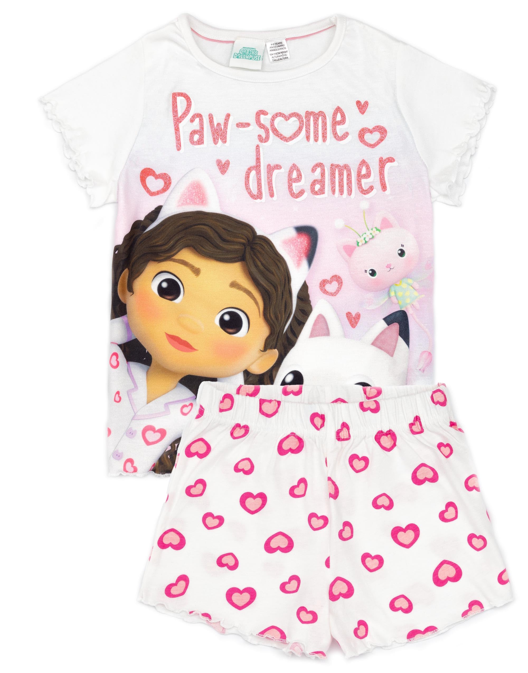 Gabbys Dollhouse White Pyjama Set | Kids Gabby T-Shirt and Shorts Pjs Set | Paw-Some Dreamer Cat Design | Official Merchandise | Cosy Loungewear Gift