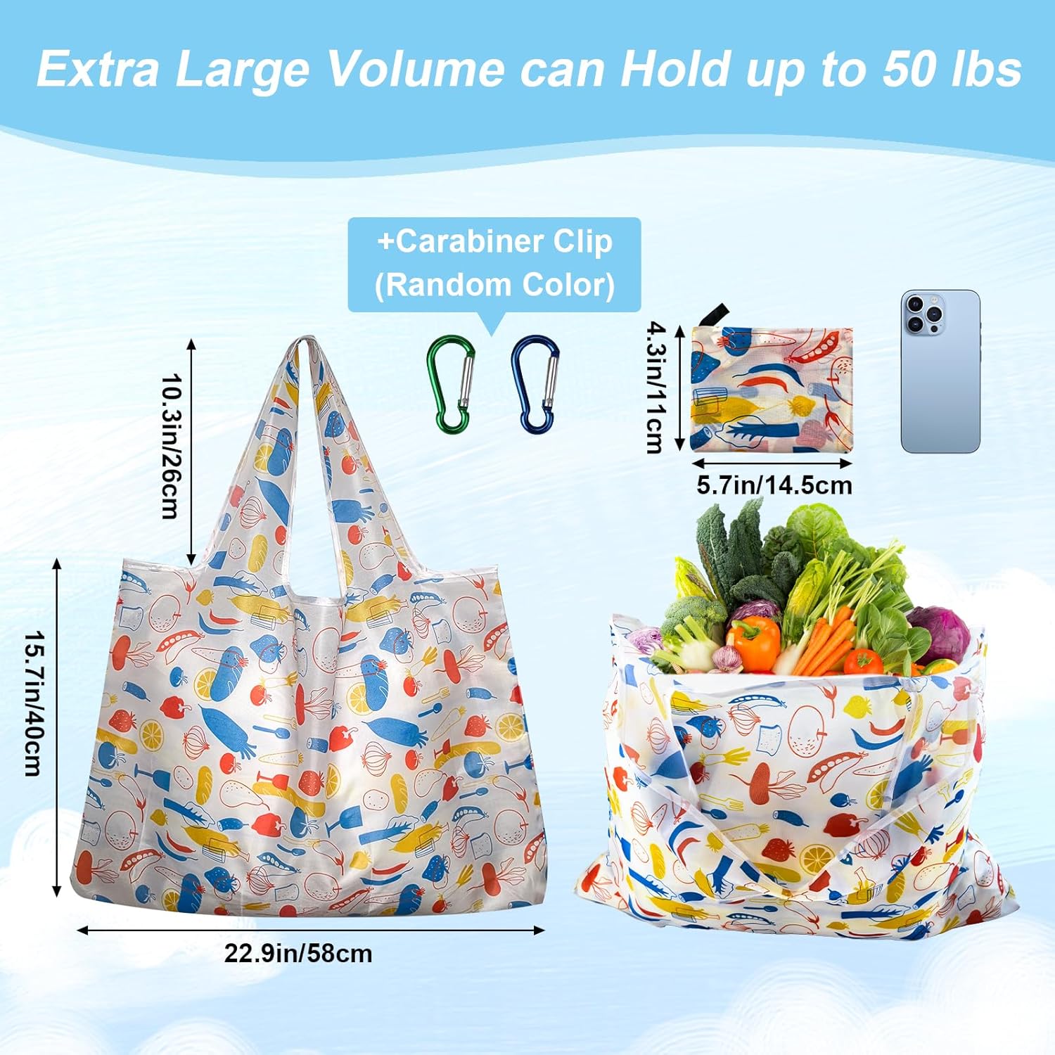 Reusable Grocery Bags Foldable 50LBS with Carabiner, Packable Shopping Tote for Travel, Beach, Grocery - Image 3