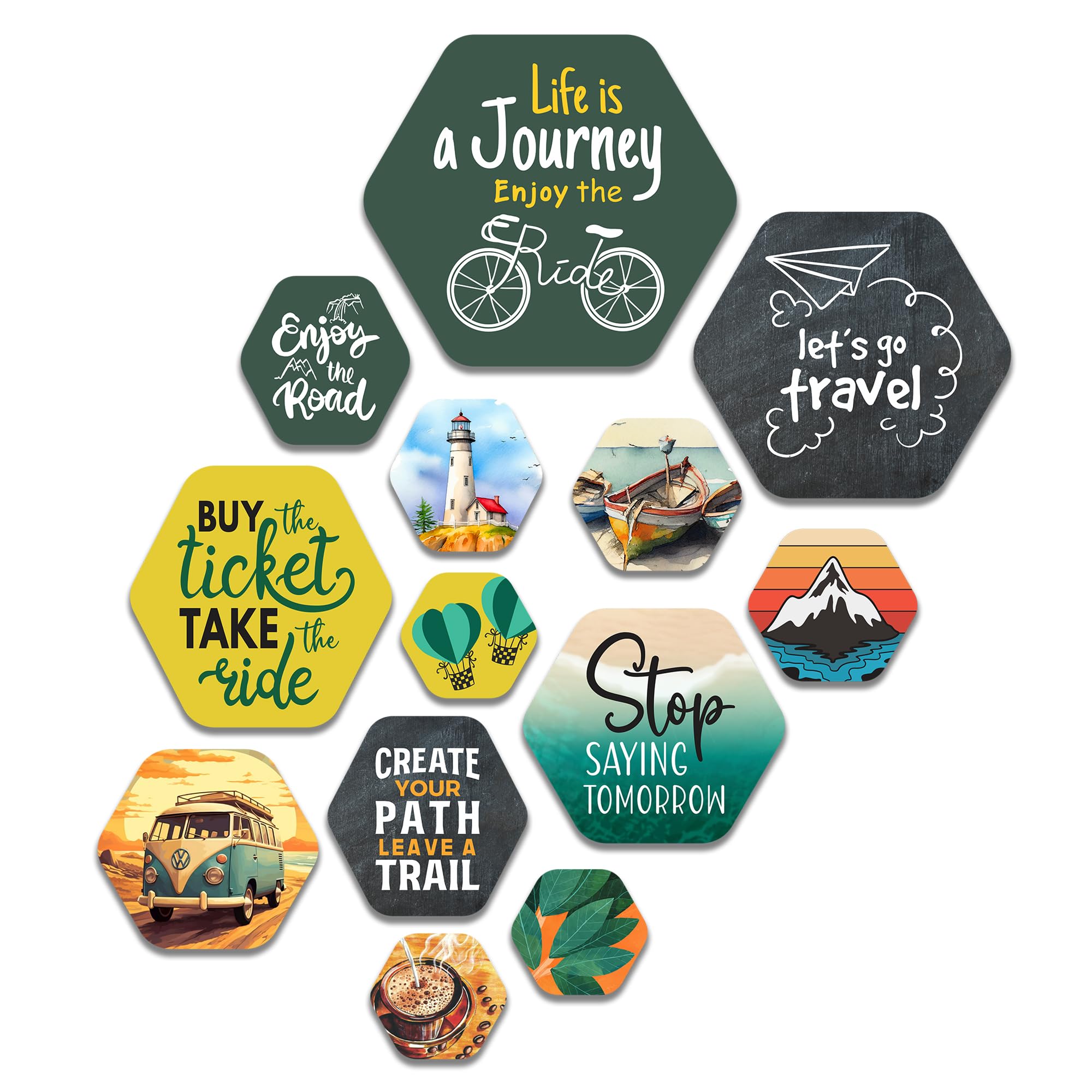 Artvibes Life is a Journey Travel Quote Hexagon Shape MDF Wooden Wall Decor Items | Quotes Decor Item | Traveller Quotes Wall Art | Wall Illustrations | Home Décor | Unique Gift (WPS_228N), Set of 13-image-18