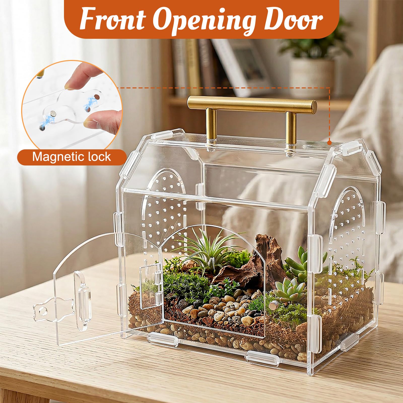 Terrarium dla gadów z akrylu, przezroczysta obudowa z otworami wentylacyjnymi i uchwytem, magnetyczne pudełko na karmienie dla ślimaków, owadów, ptaszników, tarantli, gekonów