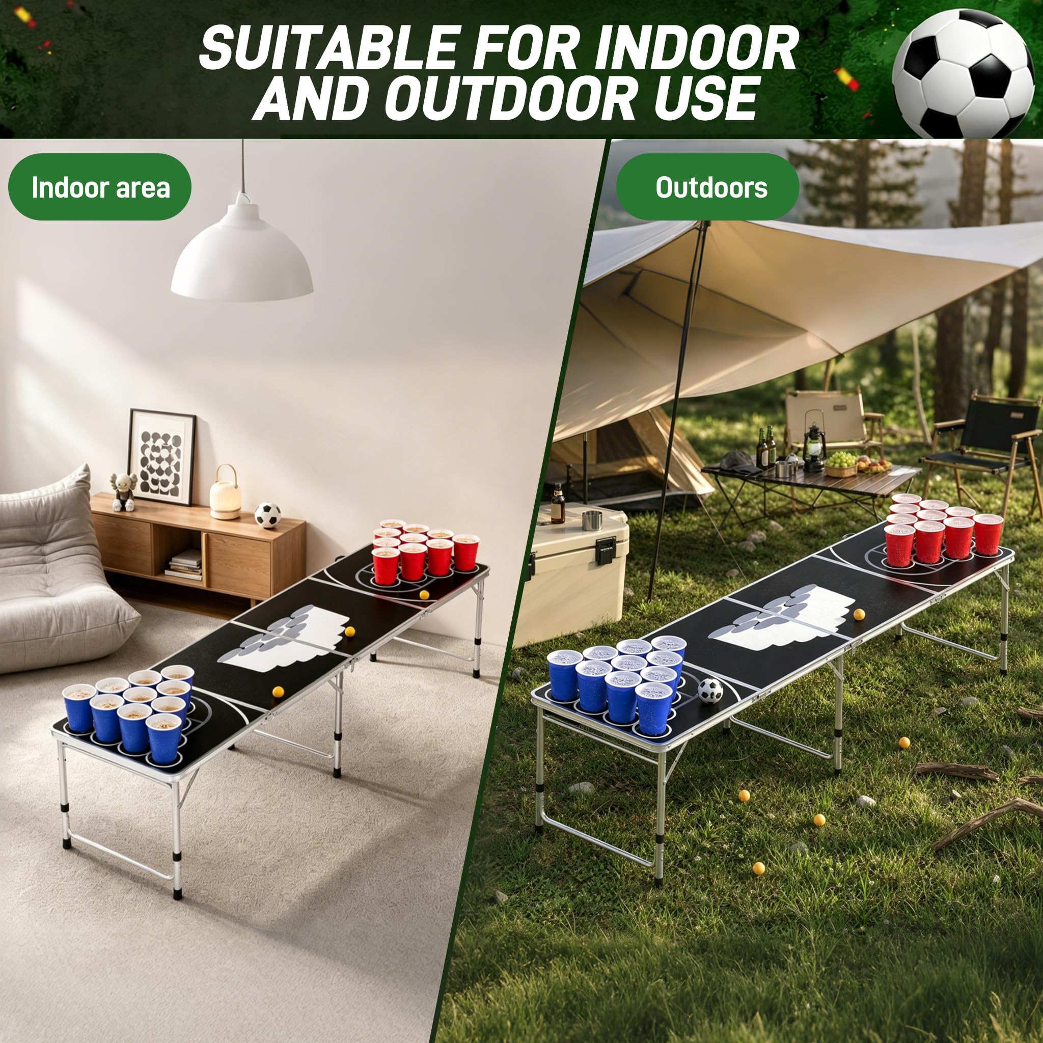 UISEBRT Bierpong Tisch 242cm Klappbar höhenverstellbar Aluminium Rahmen MDF wasserdicht inkl. 100 Becher & 5 Bälle Tragbar Koffer-Design für Party Garten Camping