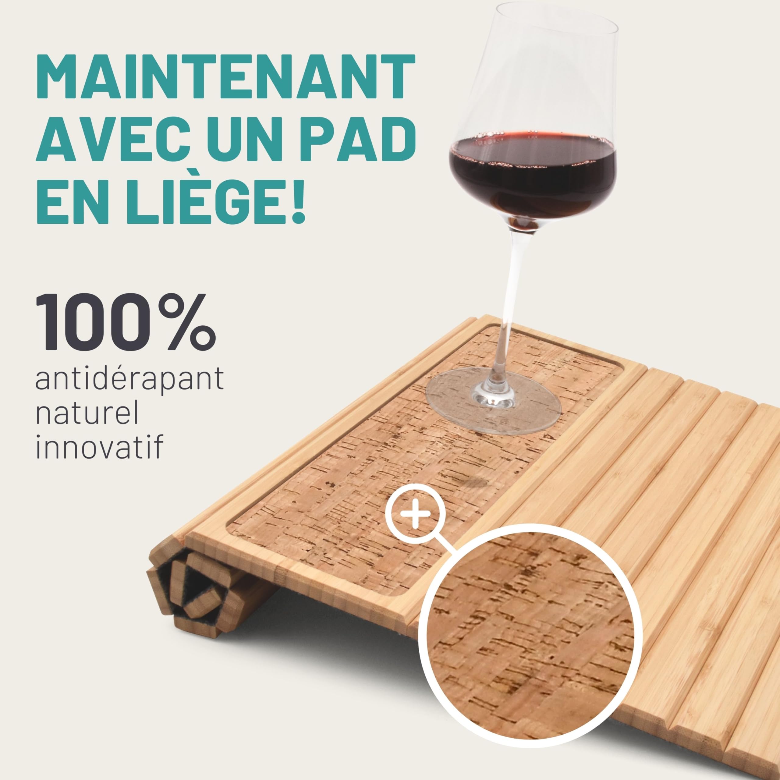 D&D Living® Plateau de Canapé Flexible - Support pour Accoudoir avec Tapis en Liège Anti-Dérapant | 47x34 cm, Bambou Naturel Durable Grand Format