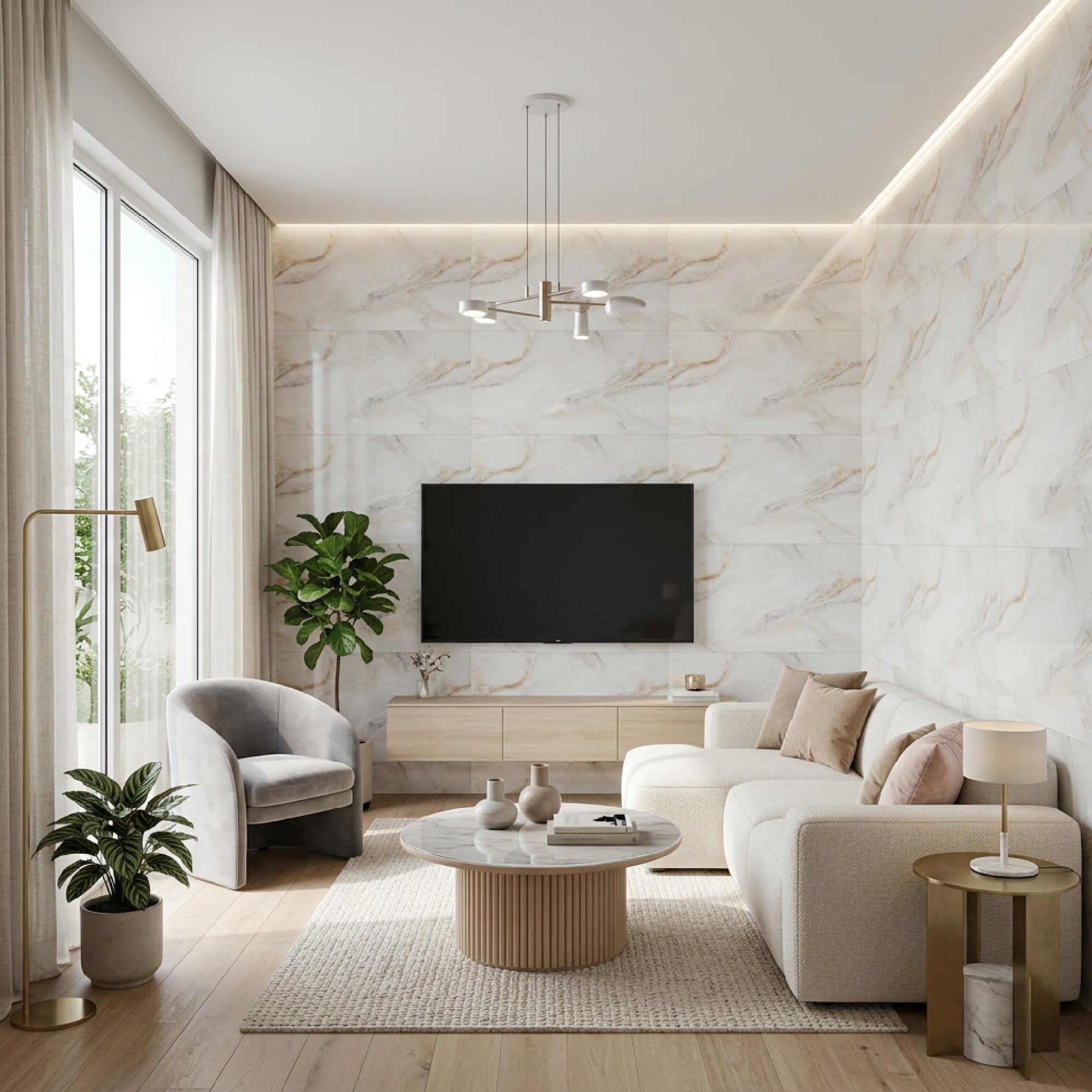 Grace Baltic Lot de 6 panneaux muraux autocollants, élastiques, 1,08 m², en PVC, aspect marbre, décoration murale, épaisseur 2 mm, blanc/marron