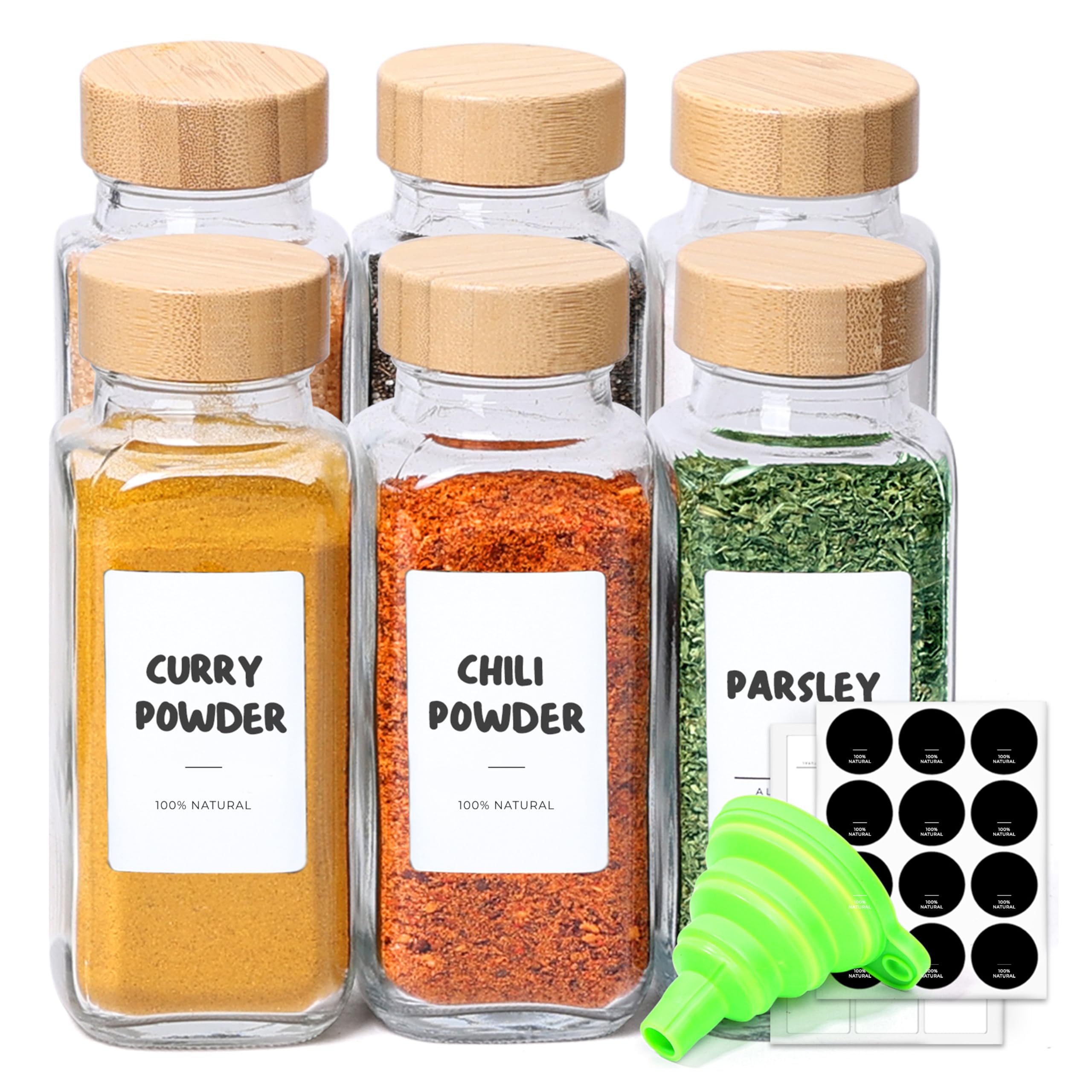 ComSaf Spice Jars with Lids and Labels 6 Pack, 120ml Square Glass Spice Containers with Bamboo Lids, Metal Funnel & Dual-Function Shaker Inserts, Herb & Seasoning Jars for Home Rack, Drawer, Organiser — image 1