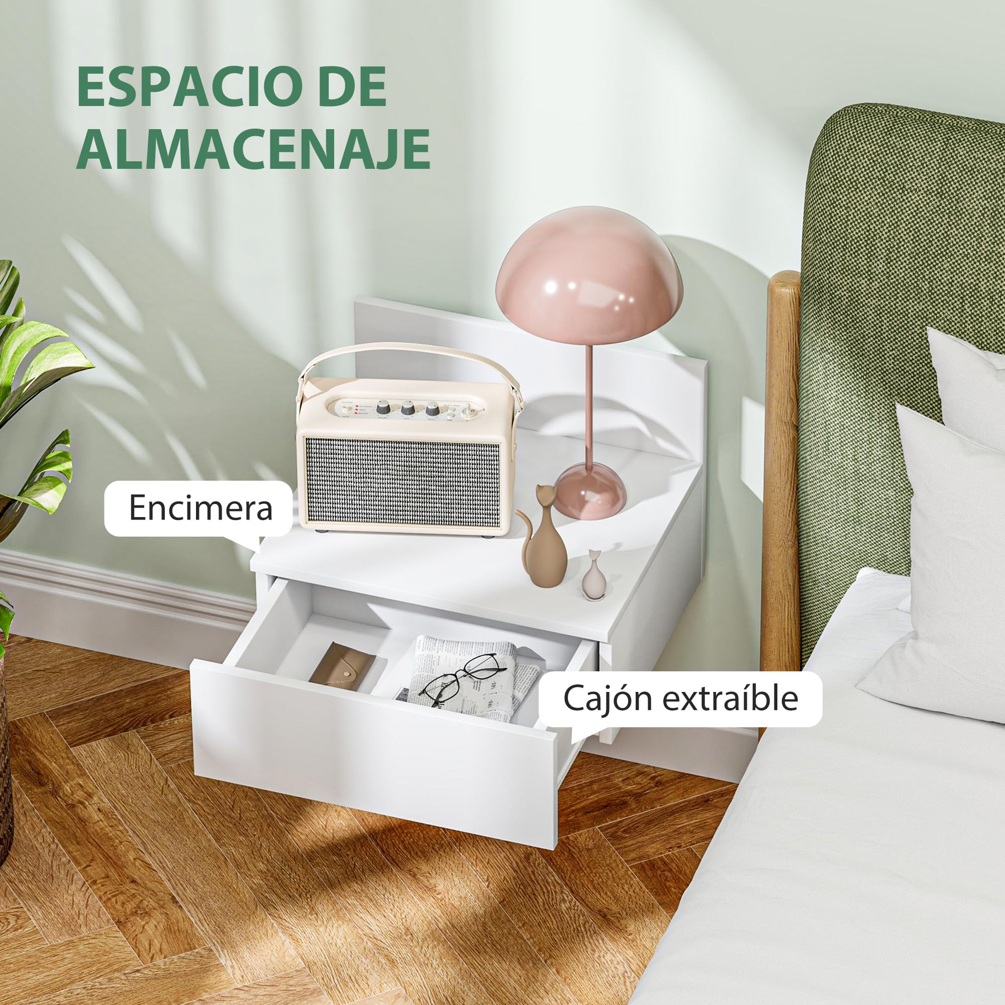HOMCOM Juego de 2 Mesitas de Noche Flotantes Mesillas de Noche para Dormitorio con Cajón Mesas de Noche para Habitación Salón Hogar 43x36,5x30,5 cm Blanco