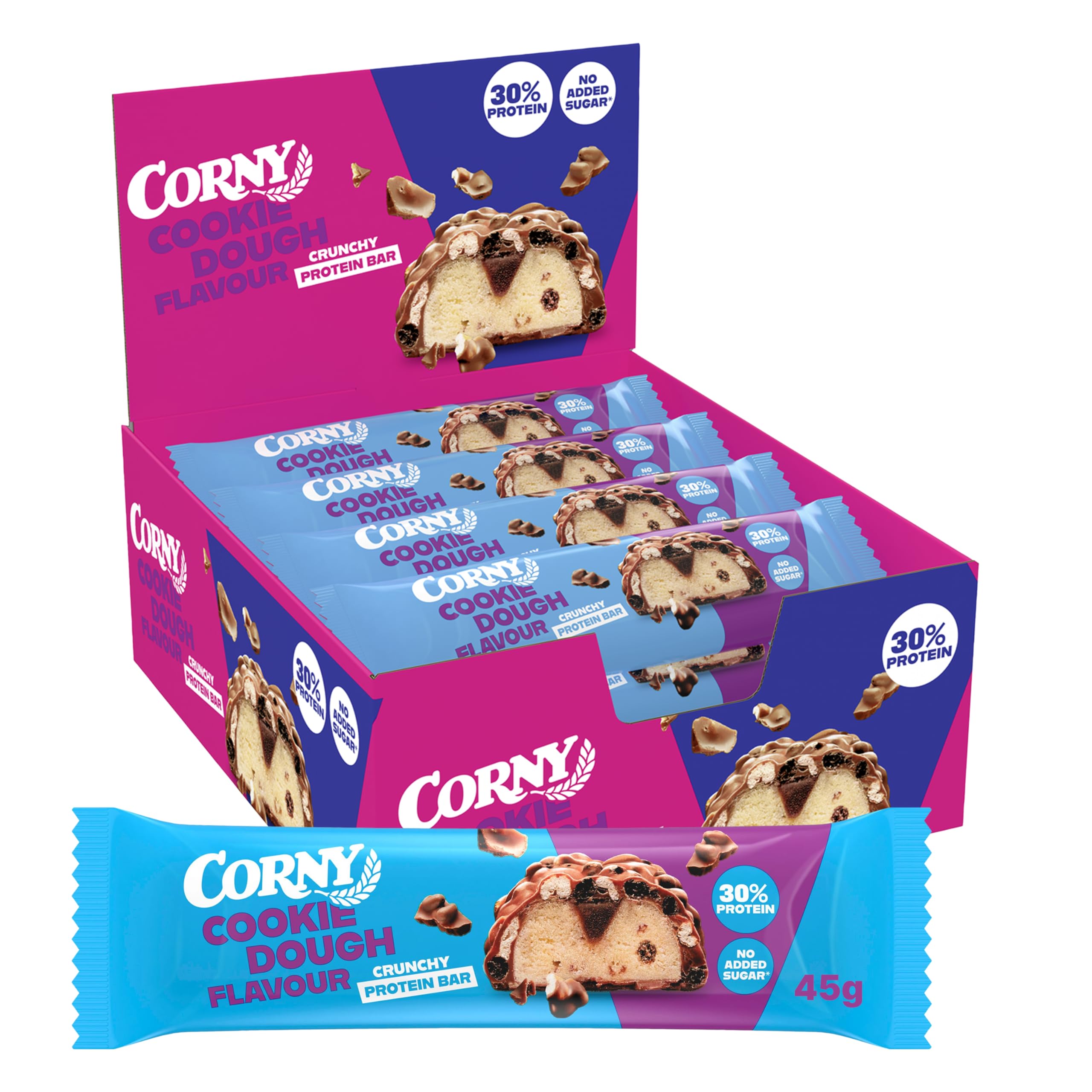 Barritas de Proteínas, Corny Protein,Crunchy Chocolate y Cookies,13,5 gr de Proteínas, 0% Azúcares Añadidos, Ayudan al Desarrollo y Recuperación de la Masa Muscular - Pack 12x45g, Taste the Power