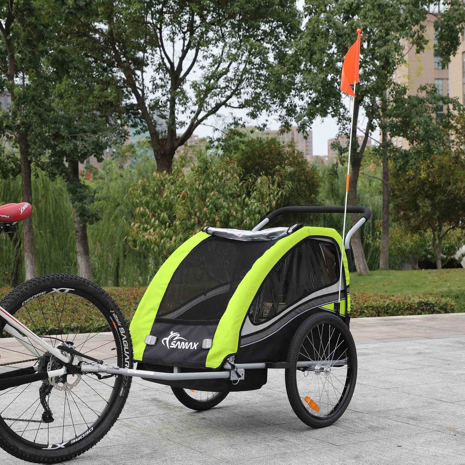 SAMAX Remolque de Bicicleta para Niños 360° girable Kit de Footing Transportín Silla Cochecito Carro Suspensíon Infantil Carro en Verde - Black Edition