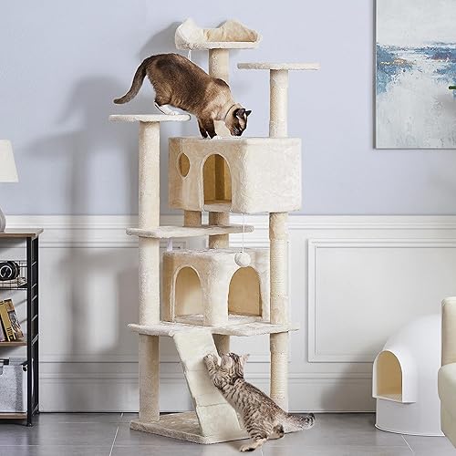 Vista 57 de Yaheetech Árbol para gatos de varios niveles de 70 pulgadas, torre alta para gatos con condominio, postes rascadores y bola colgante para gatos