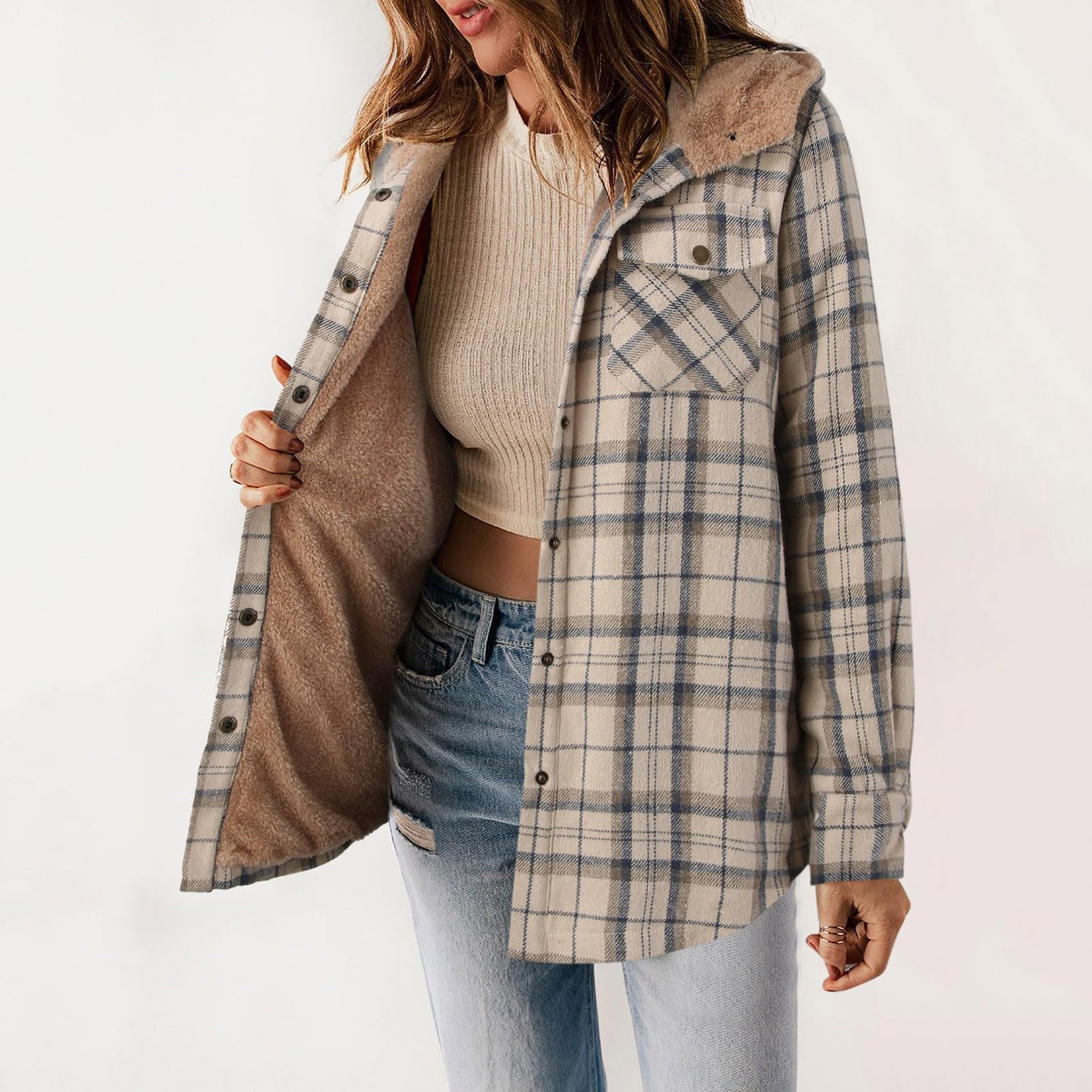 Damen Hemdjacke Flanell Warm Kariert Herbst Winter Langarm Jacke Gefüttert Plüsch Hemdjacke Karo Blusen Hemdbluse Jacket Bluse Blusen