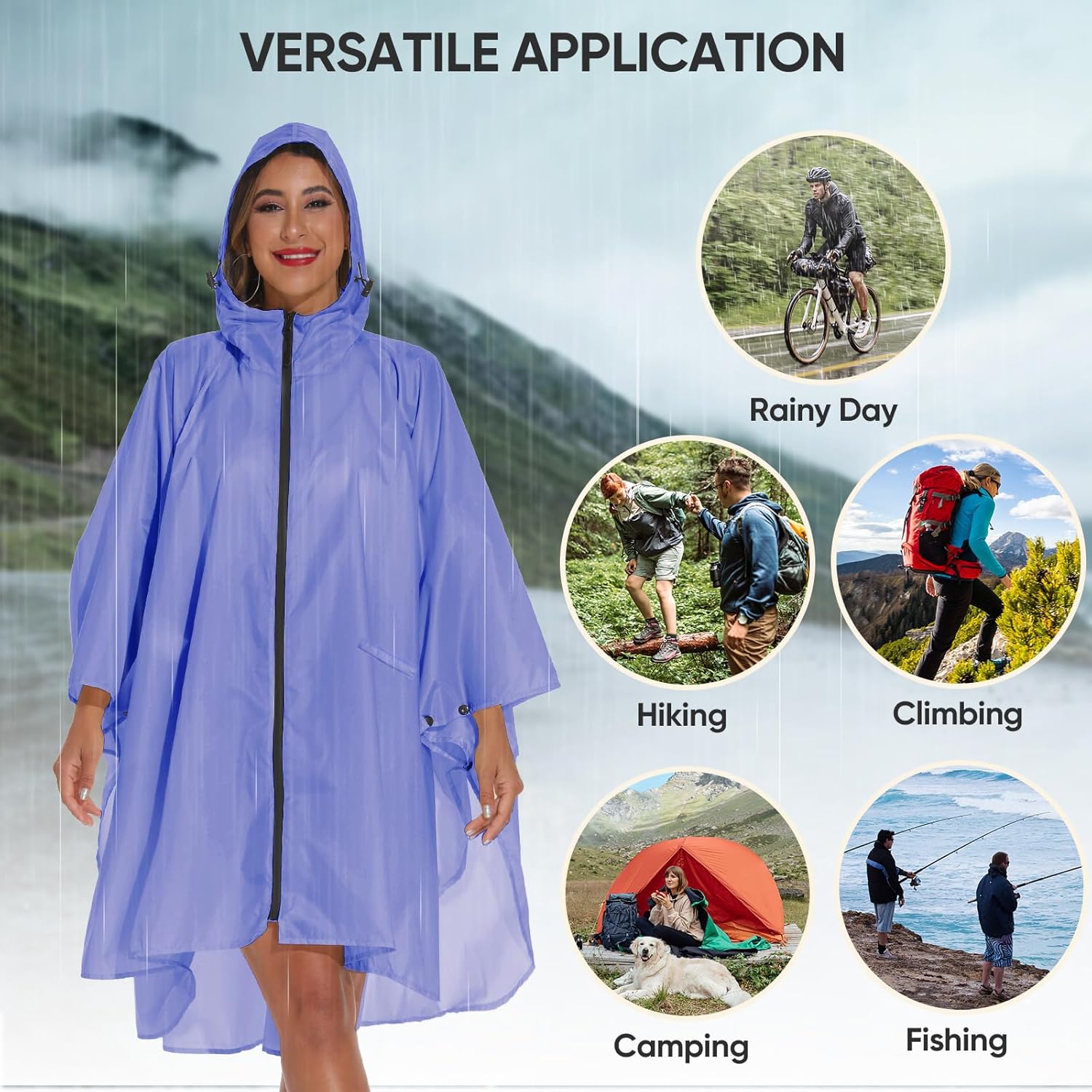 PTEROMY Hooded Rain Poncho for Adult with Pocket and Zipper, Waterproof Lightweight Raincoat for Men and Women - Image 7