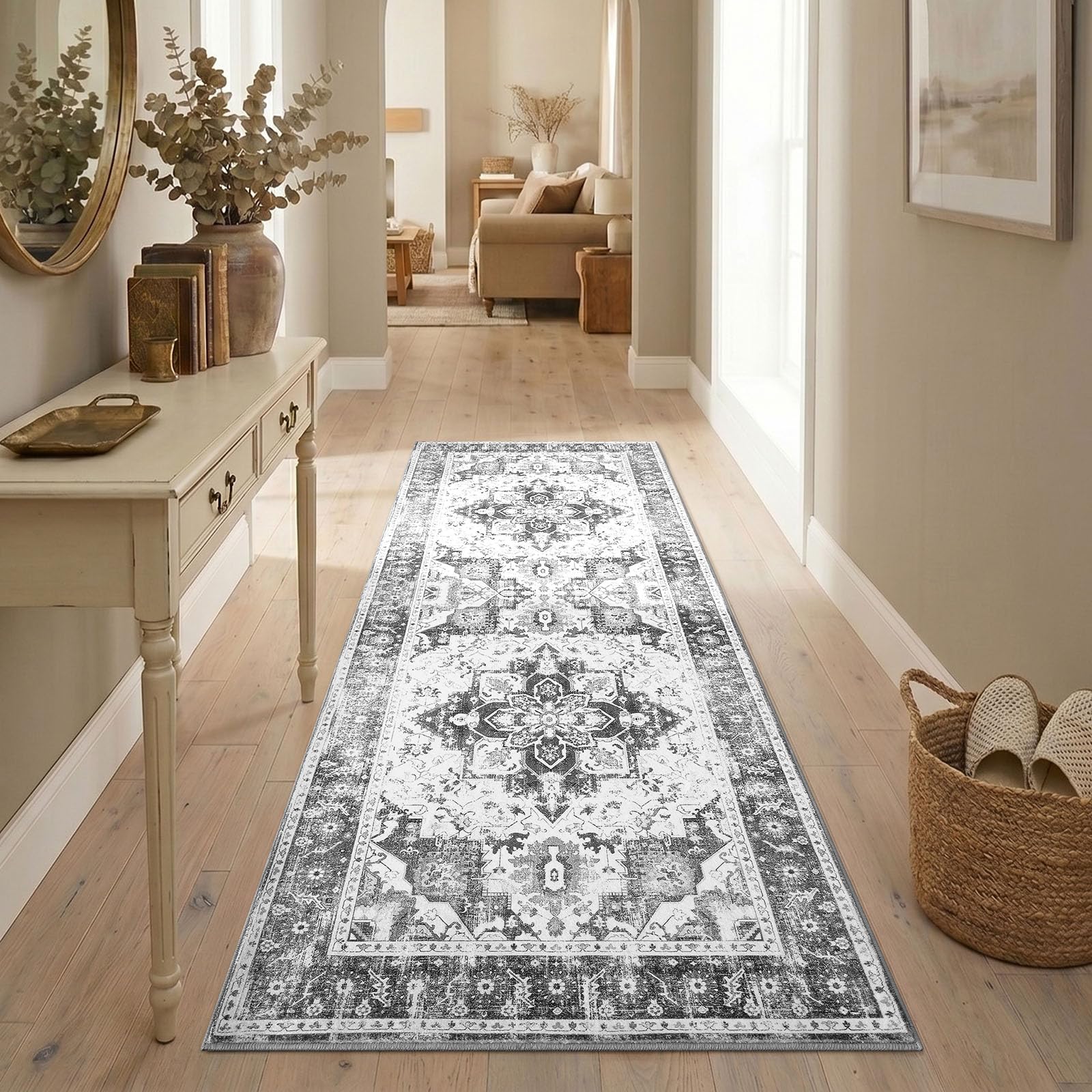 Homaxy Vintage Runner Rugs for Hallway Washable Anti Slip Rug Low Pile Boho Lounge Carpet for Bedroom, Nursery, Kitchen - 60 x 180 cm, Distressed Grey — image 1