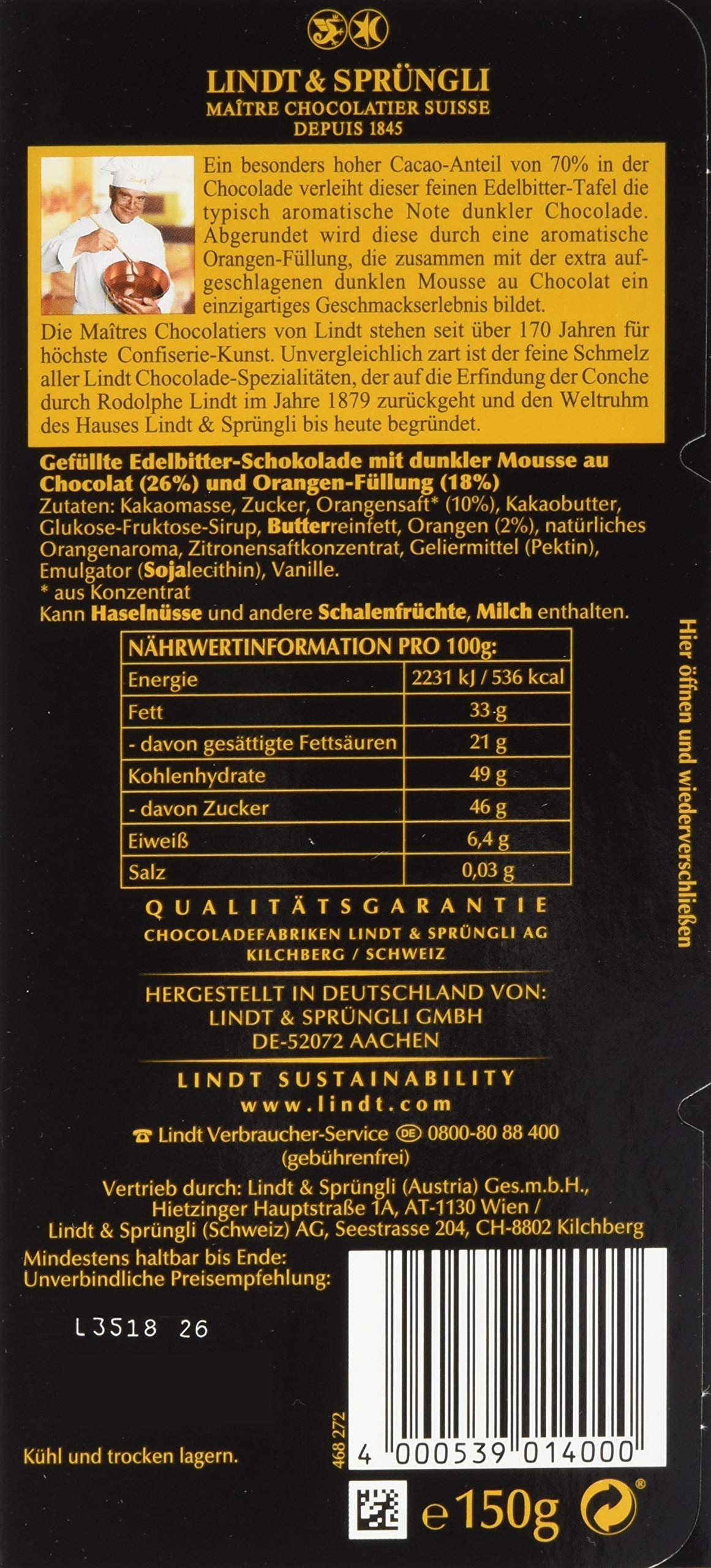 Lindt Mousse Orange, Edelbitter-Chocolade mit Orangen Füllung, 13er Pack (13 x 150 g)