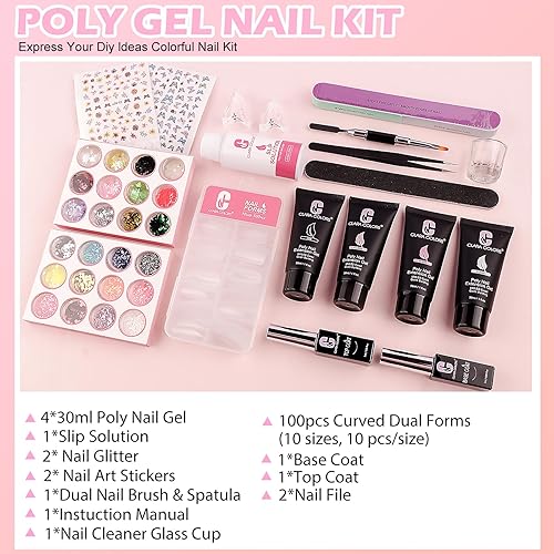 Miniatura 2 de Clara Colors Kit de uñas de poligel, 4 colores de 1.0 fl oz, blanco transparente, nude, rosa, kit de uñas de gel de extensión con solución