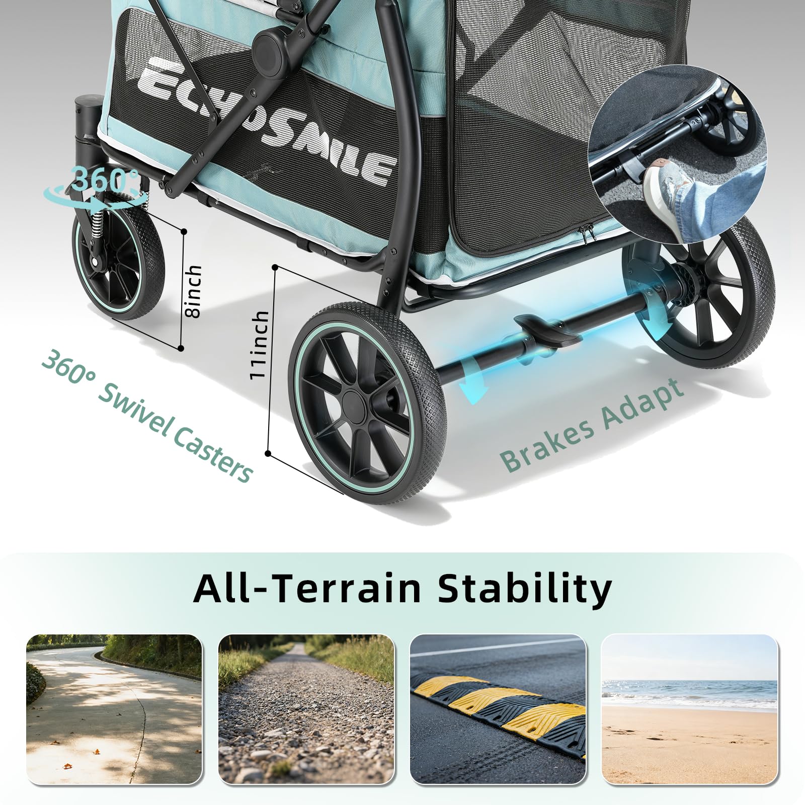 EchoSmile Cochecito para perros grandes de hasta 70 kg, plegable con ventana de red, asa ajustable y 4 ruedas todoterreno (verde + gris)
