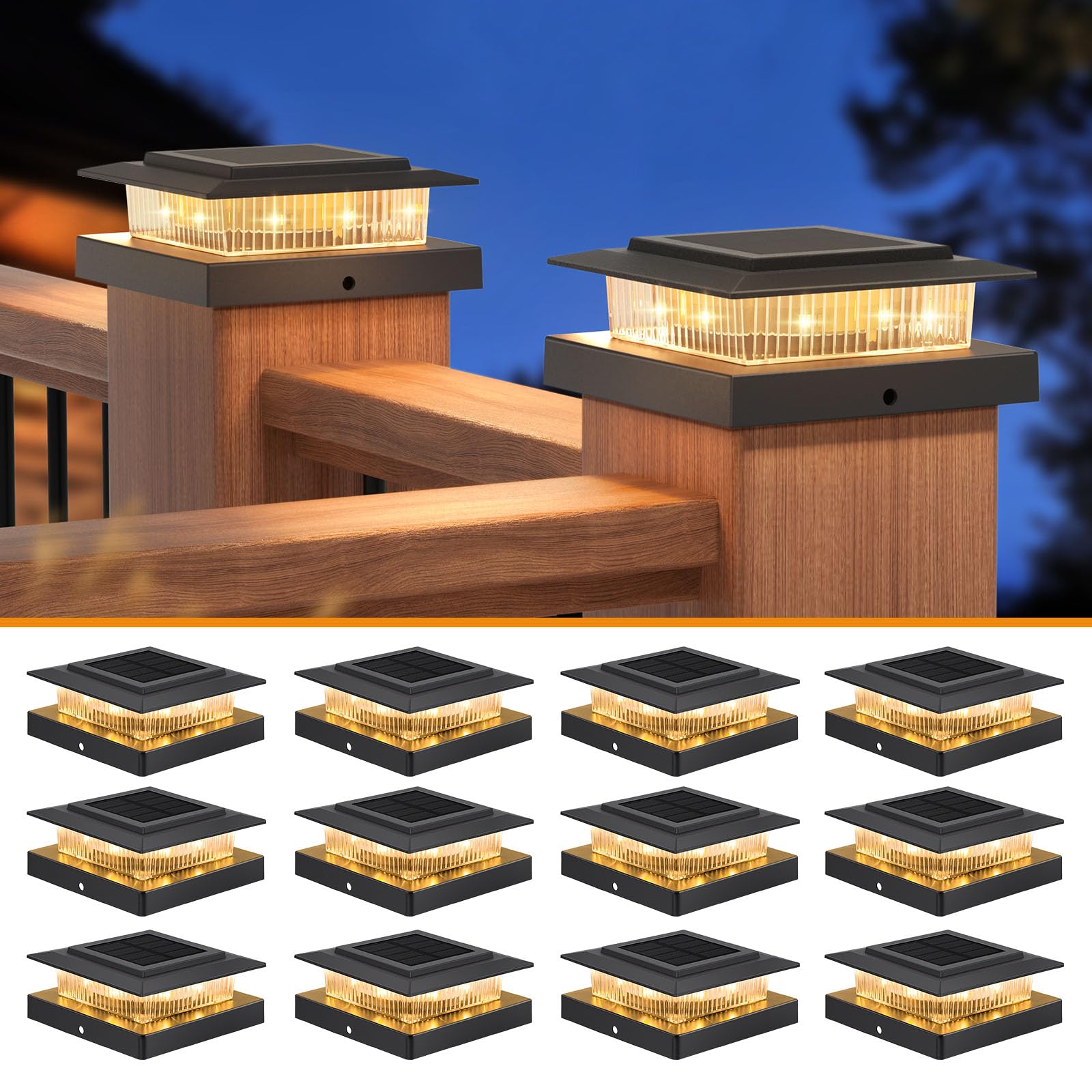 Post Cap Lights 12pack, 4x4 Deck Fence Post Solar Lights Outdoor with Warm White Lighting,Black Waterproof Solar Post Lights for Vinyl/Wood Posts to