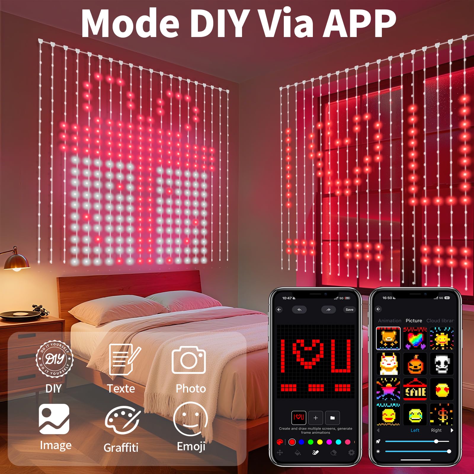 YOOHBERRYS Rideau Lumineux, Rideau LED Intelligent Avec Télécommande, App, Prise, UBS 400LEDs Guirlande Lumineuse, 2 X 2M DIY Rideau Guirlande Lumineuse Pour Fête NoëL Intérieure Extérieure (IP65)