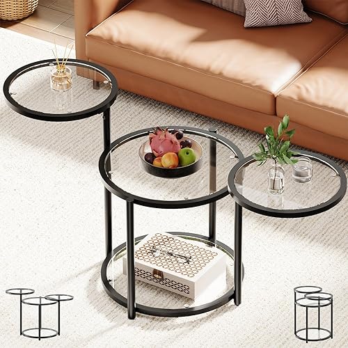 Mesa de centro redonda de cristal, mesas de centro de 4 niveles para sala de estar con parte superior giratoria, mesa auxiliar circular con