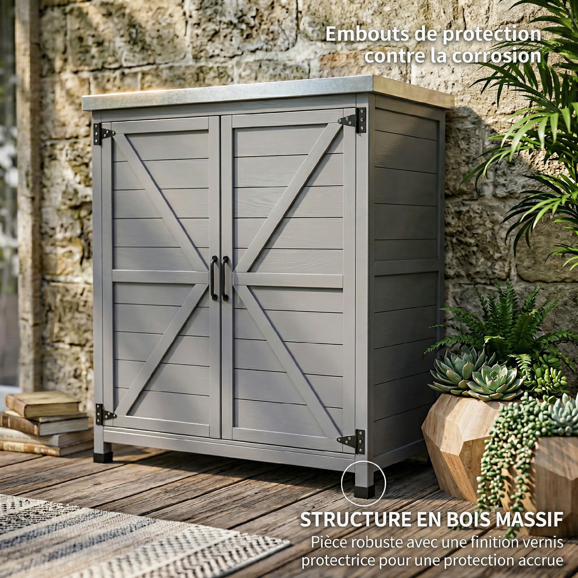 Outsunny Armoire de jardin en Bois Extérieur, armoire de rangement de Jardin, Table de Jardinage avec Plan de Travail en acier galvanisé, étagère Double Porte, pour Extérieur Intérieur 79x43x92cm gris