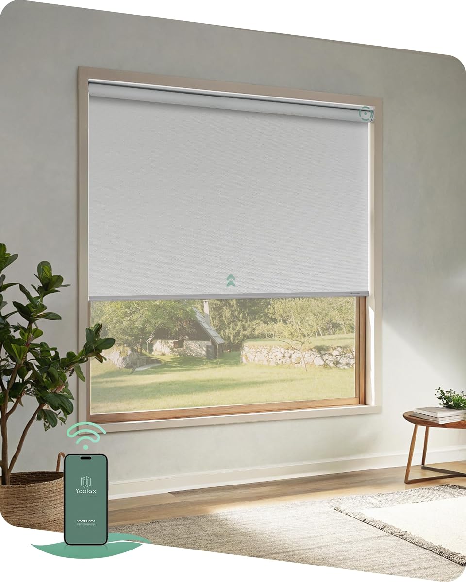 Yoolax Motorized Blinds App Control, Alpine White, 34" W x 72" H | Automatic Roller Shades App Control for Bedroom Home Office, Electric Blinds for Indoor Windows, Easy to install