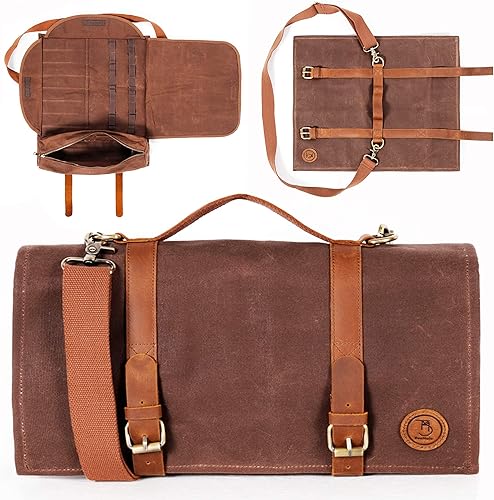 Beemojo Bolsa de herramientas para camarero, lona encerada, resistente al agua, correas de hombro ajustables, asas de cuero auténtico, 16 bolsillos