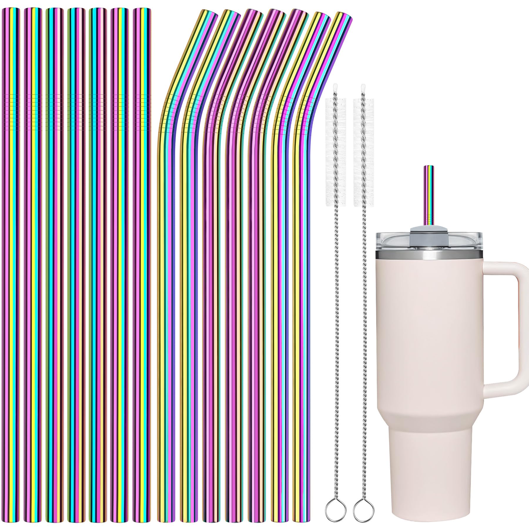 Tomorotec11 Inch Stainless Steel Reusable Drinking Straws 14PCS & 2 Cleaning Brushes Set with Curved & Straight Designs, Compatible with 30oz Stanley Tumblers, Dishwasher Safe, BPA-Free (Metallic)