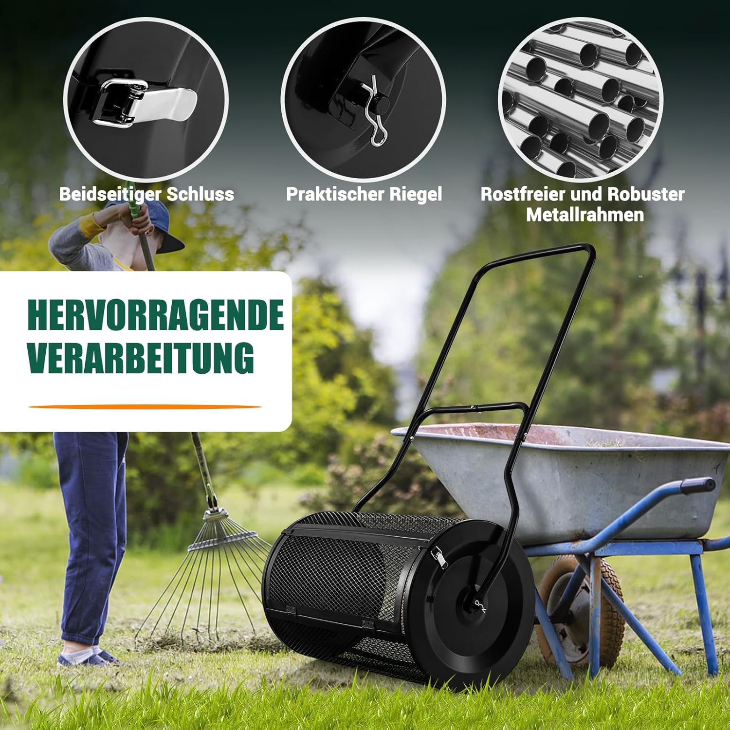 FANTASK Kompoststreuer 80L, Torfstreuer mit U-Griff, Düngerstreuer Rasen Garten, Gartenstreuer für Dünger & Setzlinge, Schwarz