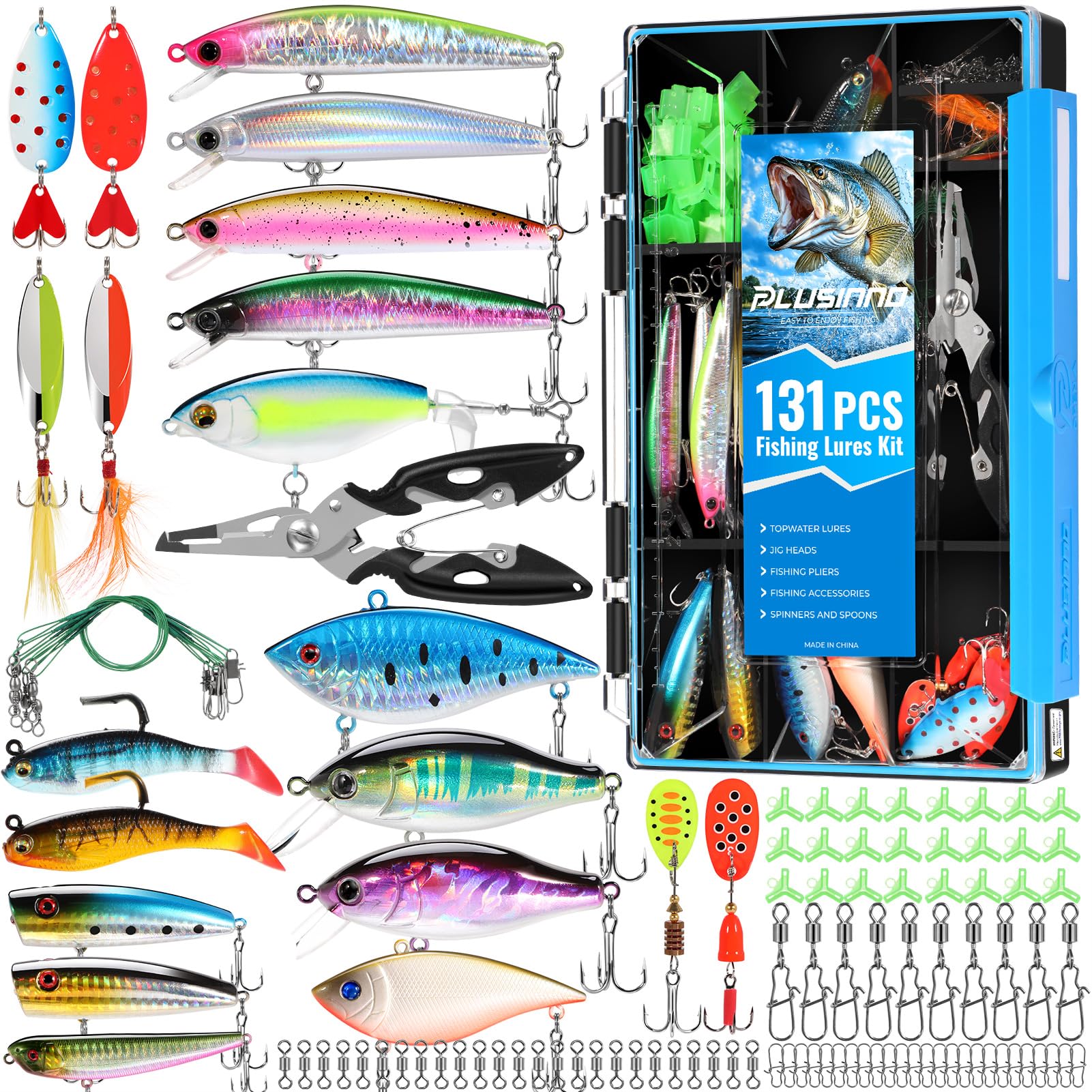 PLUSINNO Fishing Lures Fishing Tackle Box Fishing Gifts for Men, Bass, Trout Fishing Accessories Kit for Saltwater & Freshwater Fishing Gear Including Topwater Lures, Hooks, Spinnerbaits