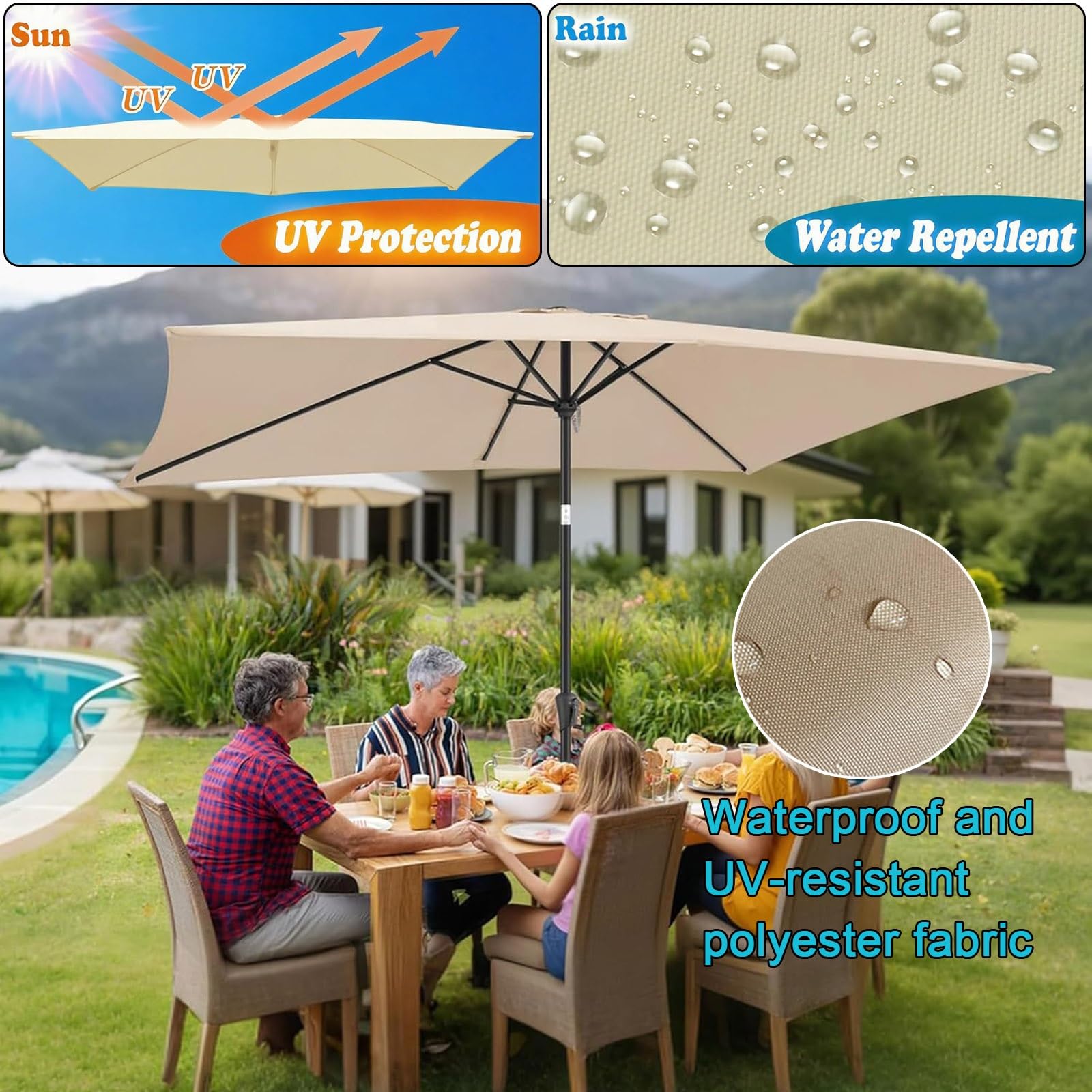 2 x tettoie di ricambio per ombrellone da giardino, protezione UV50+, impermeabile, con 6 stecche, protezione da sole e pioggia