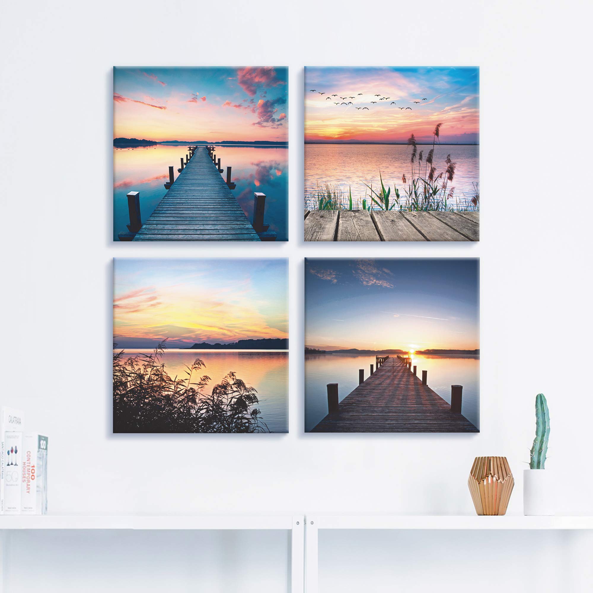 ARTLAND Wanddeko Strandbilder Leinwand Bilder Set 4 tlg. je 40x40 cm Quadratisch Wandbilder Landschaft Gewässer See Pier Abend Schilf Sonne K2JK