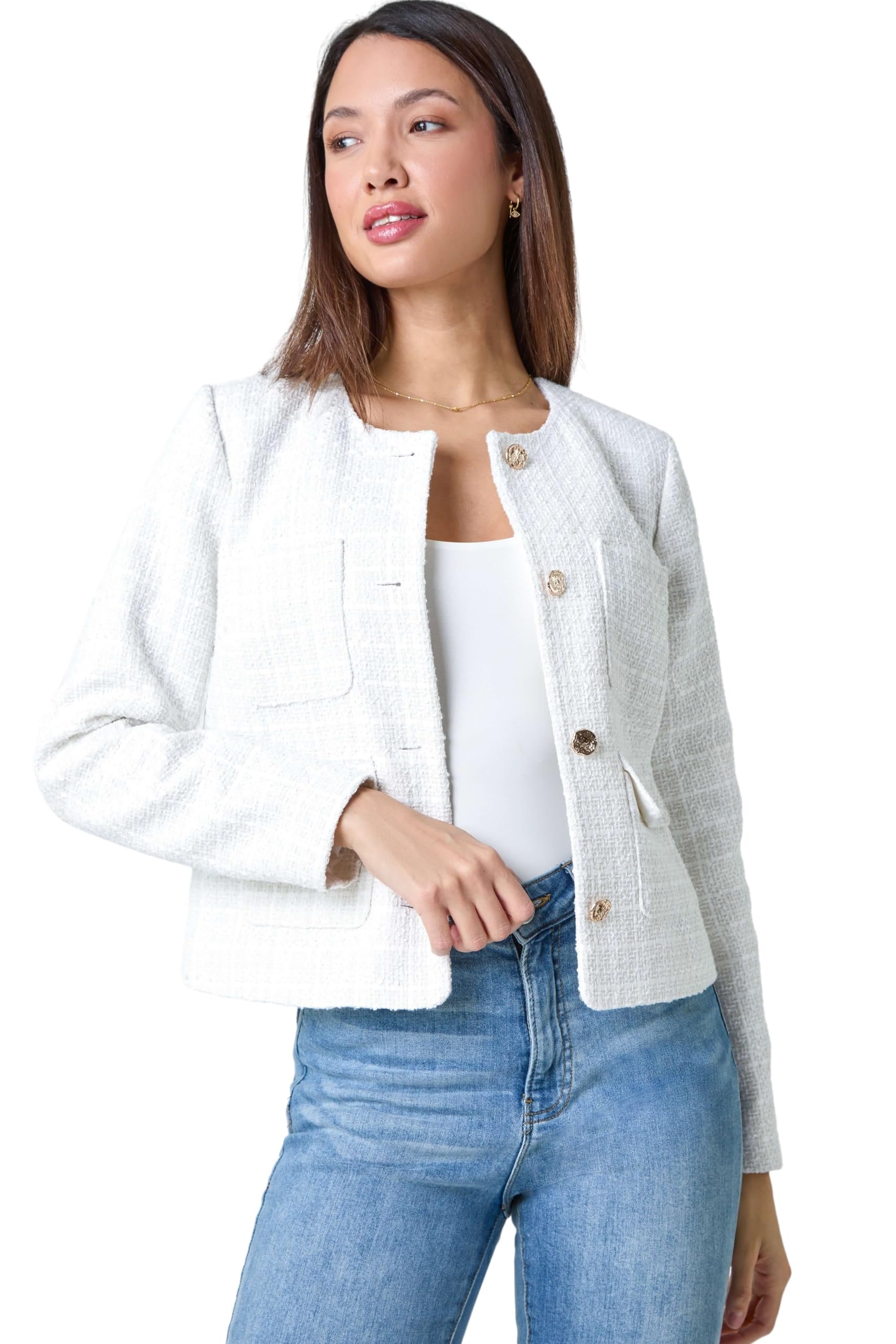 Roman Originals Women's Ivory Collarless Cropped Boucle Jacket For Uk - Everyday Holiday Spring Summer Edge To Edge Opening Comfy Soft Evening Vacation Work Party - Size 18