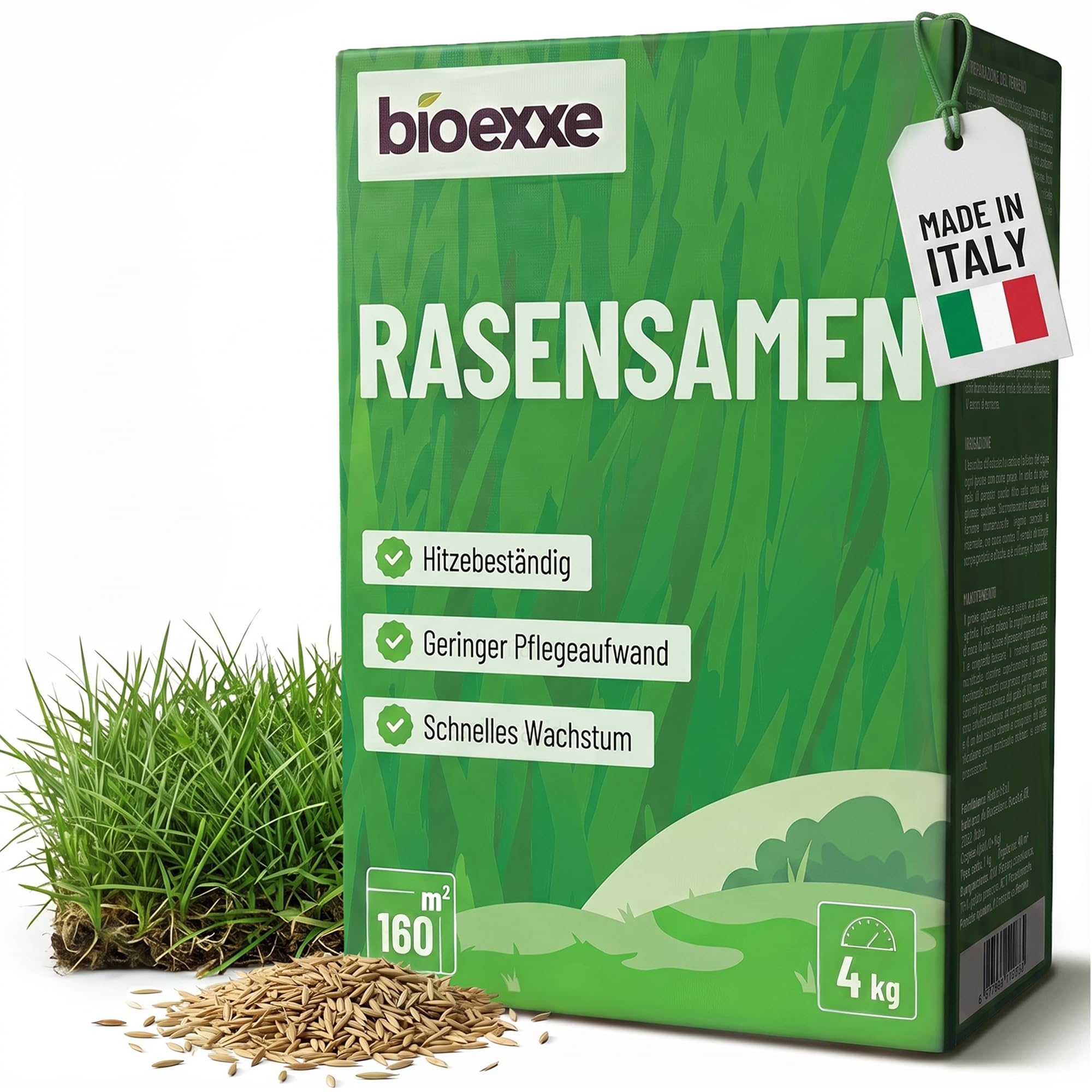 BIOEXXE Rasensamen Schnellkeimend 160 m² - Grassamen Trockenresistent mit Festuca Arundinacea und Deutschem Weidelgras - Rasensaat für Schattenrasen und Rasenreparatur - Made in Italy