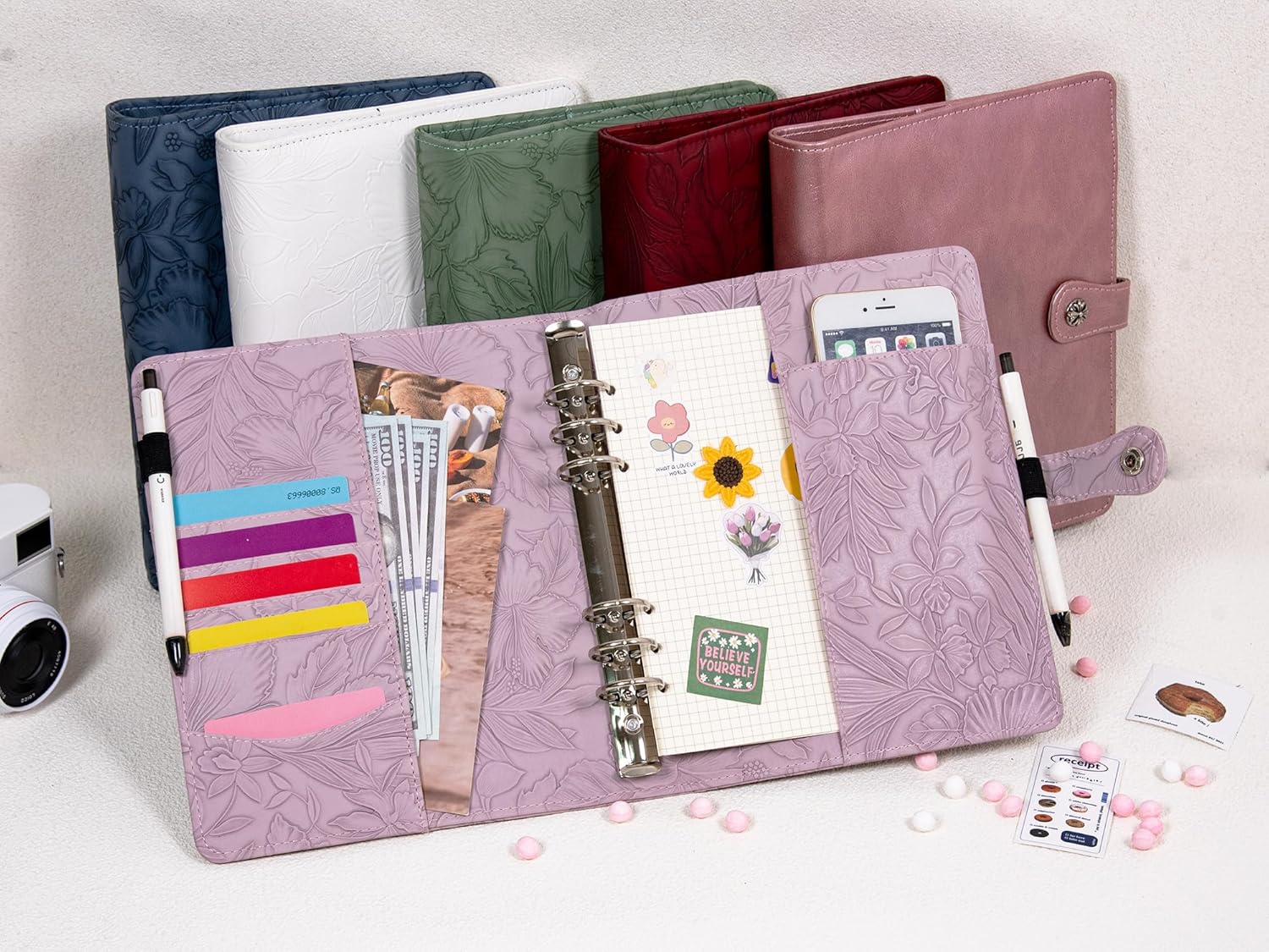 AZXCG A5 Notebook PU Leather Binder,6 Ring Refillable Journal,Press Button,Embossed Leather Binder for Women(Light Purple)