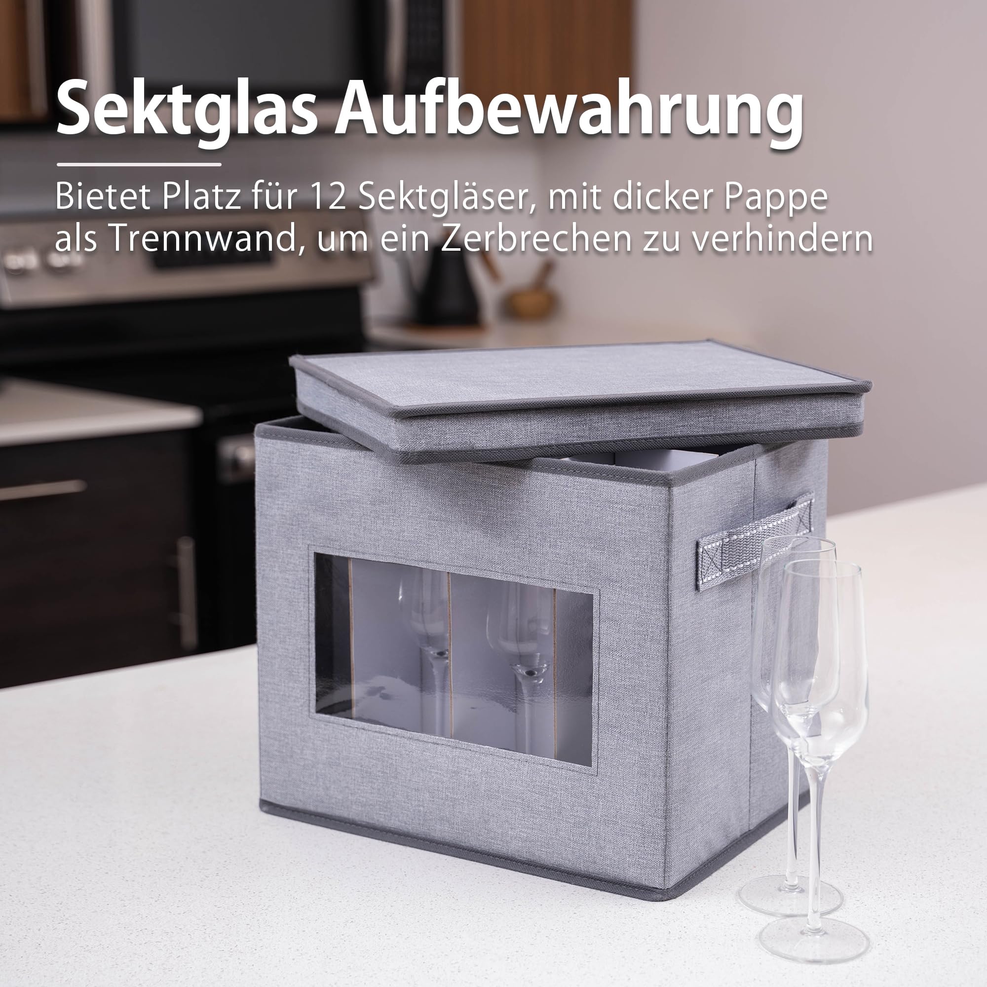 VENO Aufbewahrungsbox für Champagnerflöten aus Glas mit Deckel und Griffen, Stielgläser-Organizer, Faltbox für Umzug von Glaswaren Inklusive Trennwände (Champagnerflöte) Küche, Haushalt & Wohnen