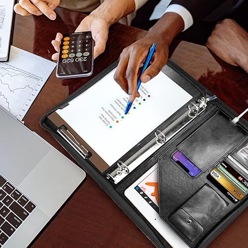 Miniatura 7 de WRIYES - Carpetas de anillas Padfolio de piel con 3 anillas, carpeta profesional de negocios, organizador para IPaddocumentos, teléfono y tarjetas