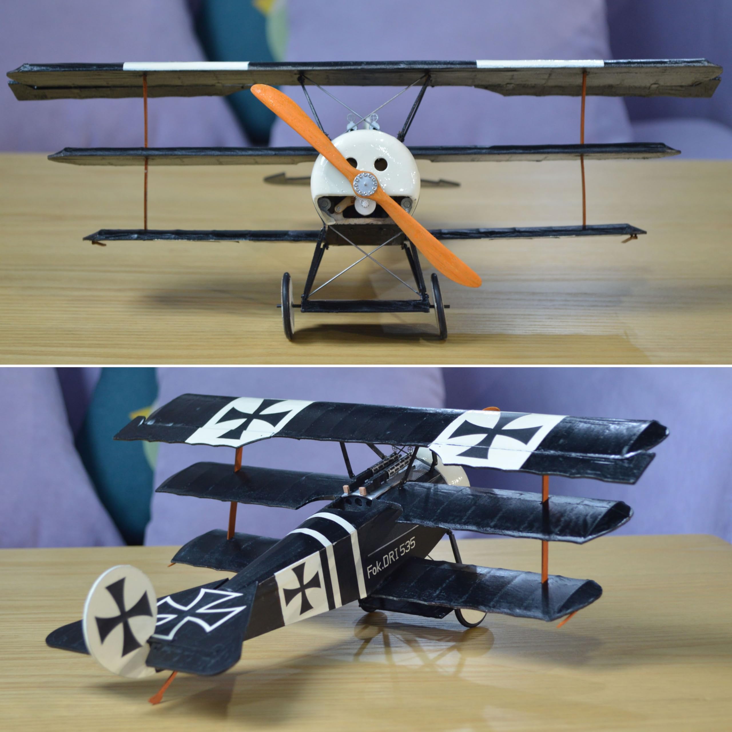 Fokker Dr.1 Slow Flyer Modellflugzeug Kit, Maßstab 1:20, 358 mm Spannweite, RC Flugzeugmodell Baukasten, Modell Flugzeug zum selbst Bauen, gelaserte Balsa Holz Bauteile, 358 x 280 x 135 mm, 48 g RTF