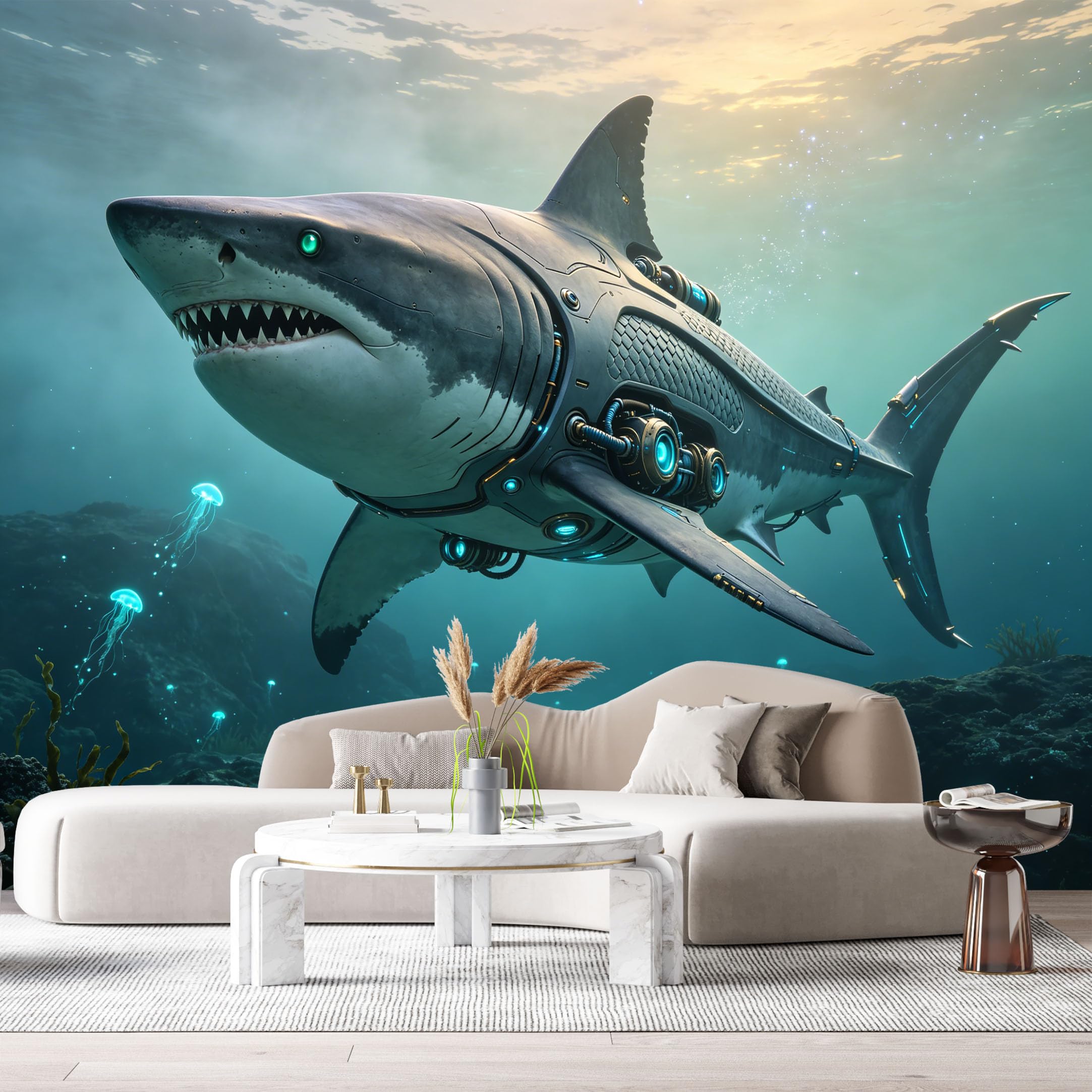 Custom Size Wall Mural Mechanical Aquatic Predator Future Armor Ocean SciFi Deep Sea Cyber Marine Mech SelfAdhesive Art Prints Removable Large Wallpaper Esports Game Room Tenant Room Studio