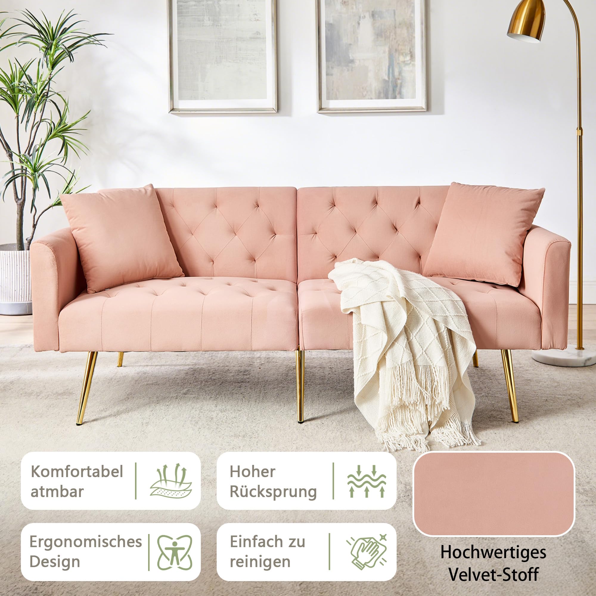 DRIXNO Schlafsofa mit Schlaffunktion, Klappsofa Sofa 3 Sitzer, 3-stufige Verstellbare Rückenlehne, 2 Beigelegte Kissen, Samtstoffe Zweiersofa, Für Wohnzimmer, Büro, Lounge, Schlafzimmer, Rosa
