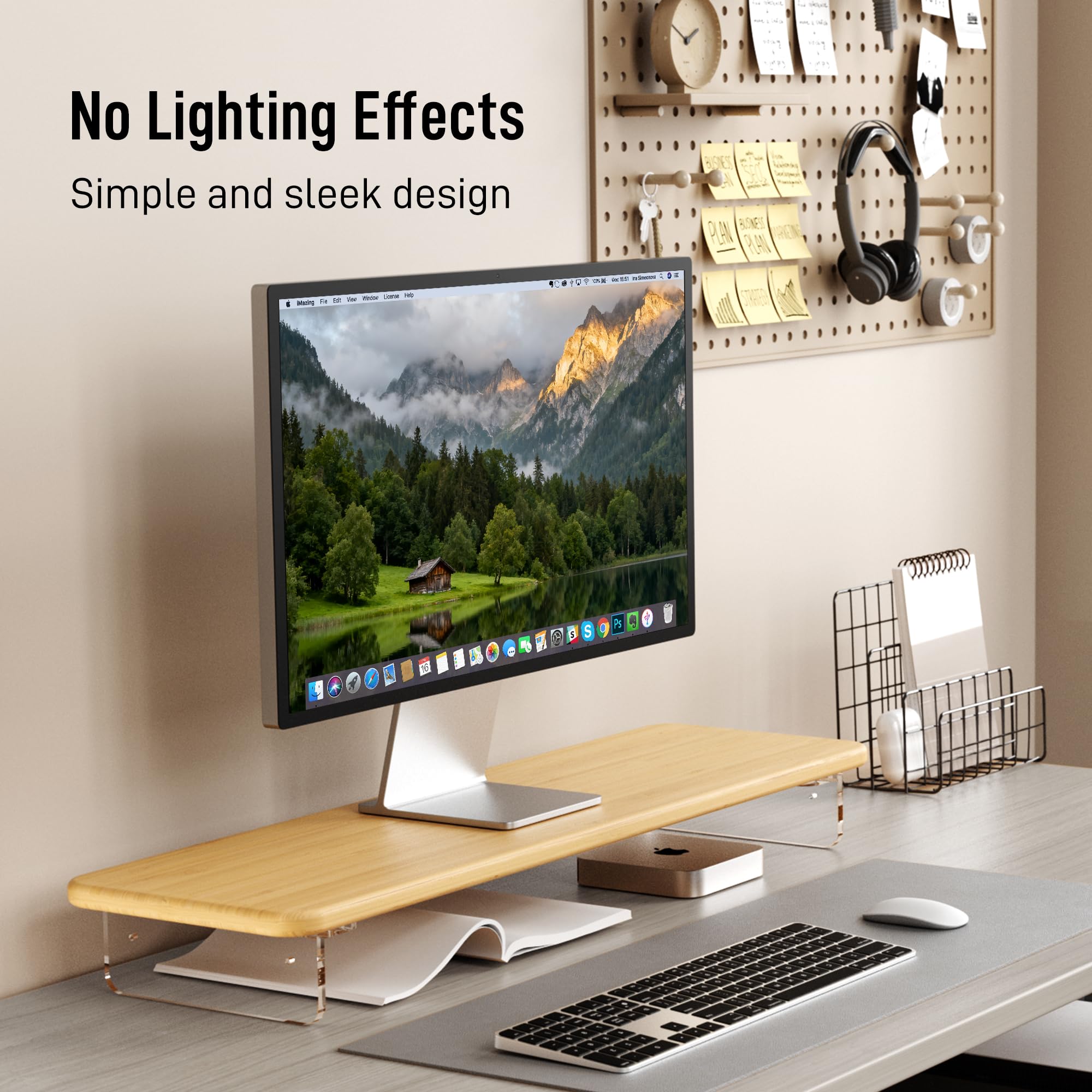 AFOOYO Supporto per monitor, in bambù e acrilico, supporto per monitor del computer con luce a LED, grande supporto per monitor da 31 pollici per scrivania, supporto organizer da scrivania per