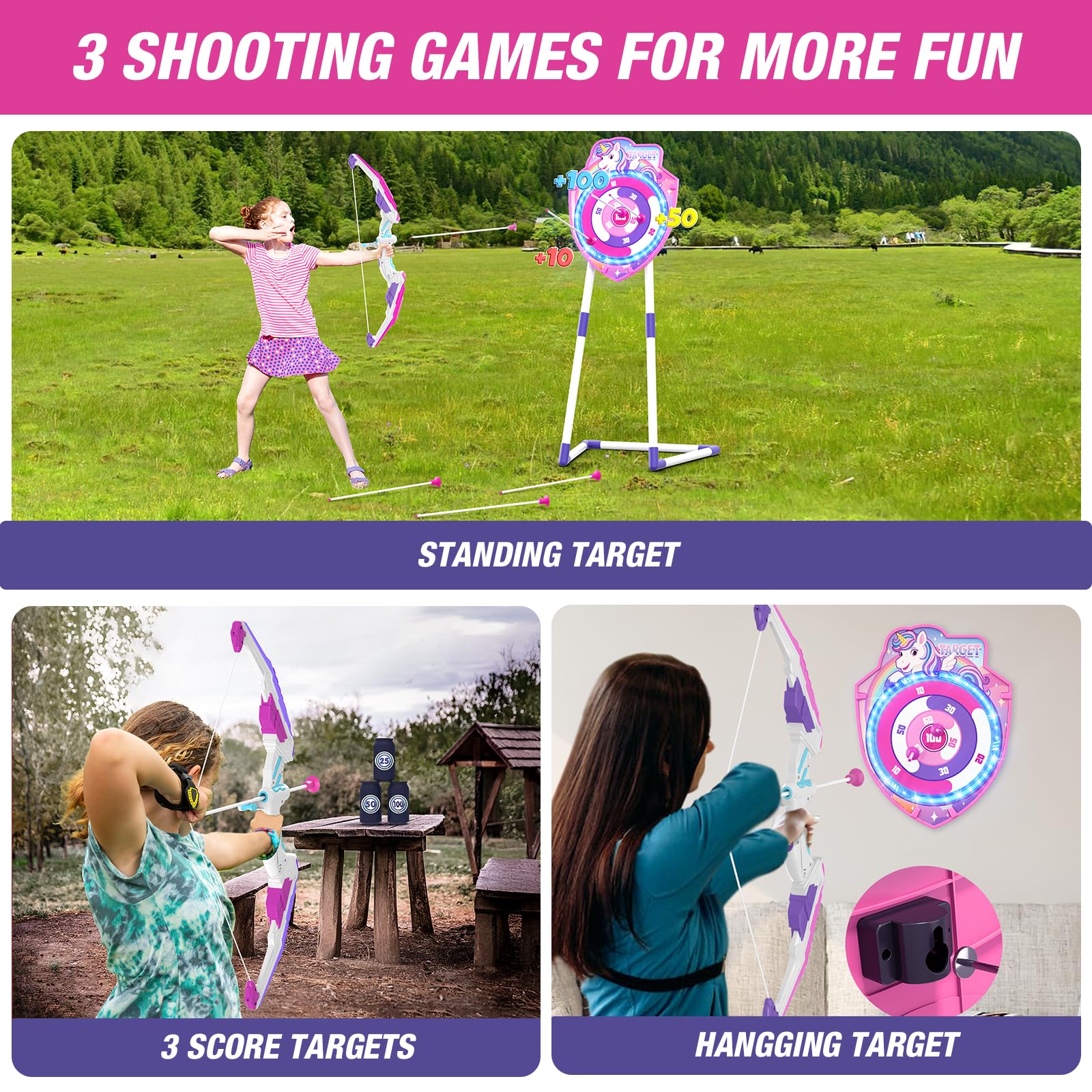 HYES 2 Pack Arrow and Bow for Kids, LED Light Unicorn Archery Set with Suction Cup Arrows, Standing Glow Target, Score Targets, Quivers, Indoor Outdoor Toys Gifts for Boys Girls