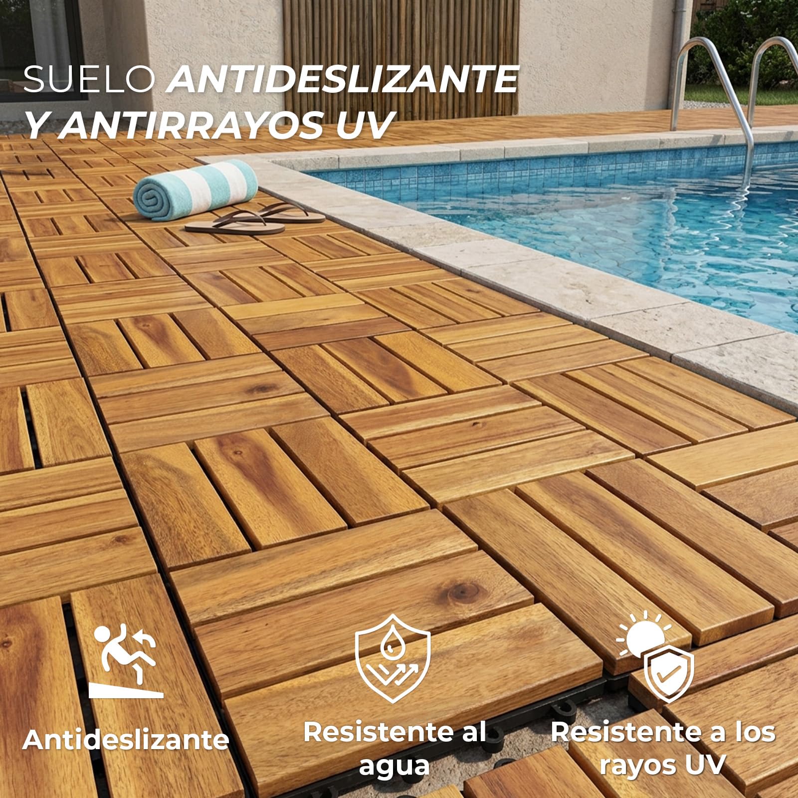 YOEVU Set de 11 Baldosas de exterior Madera de Acacia, Acacia Dorado