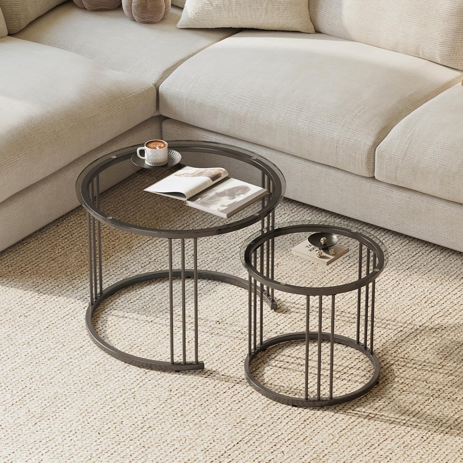 Huhote Round Coffee Tables, Set of 2 End Table, Nesting Tables, Side Table with Metal Frame for Living Room/Bedroom/Balcony/Office/Apartment, Diameter 23.6/15.7 IN (Black with Gray Glass)