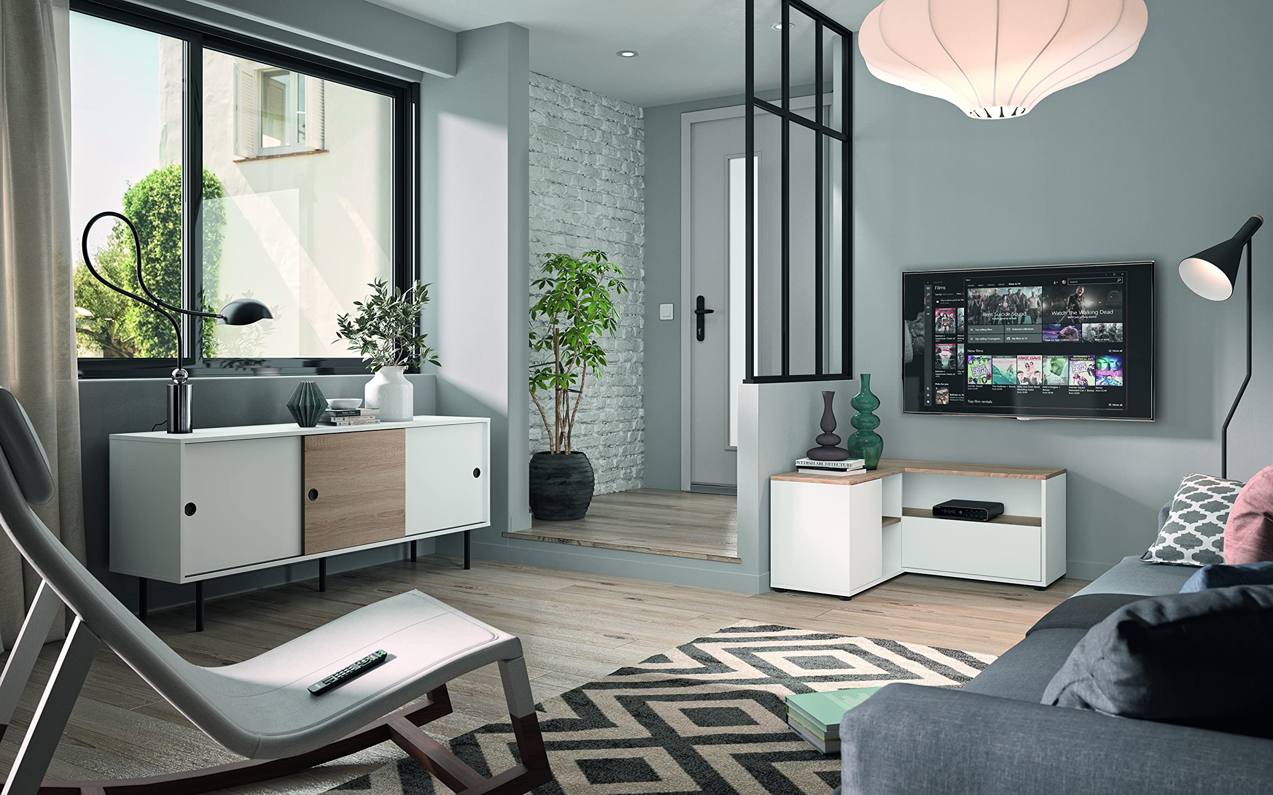 Symbiosis Angle, tavolino porta tv angolare, bianco e rovere naturale, 90x90x45 cm