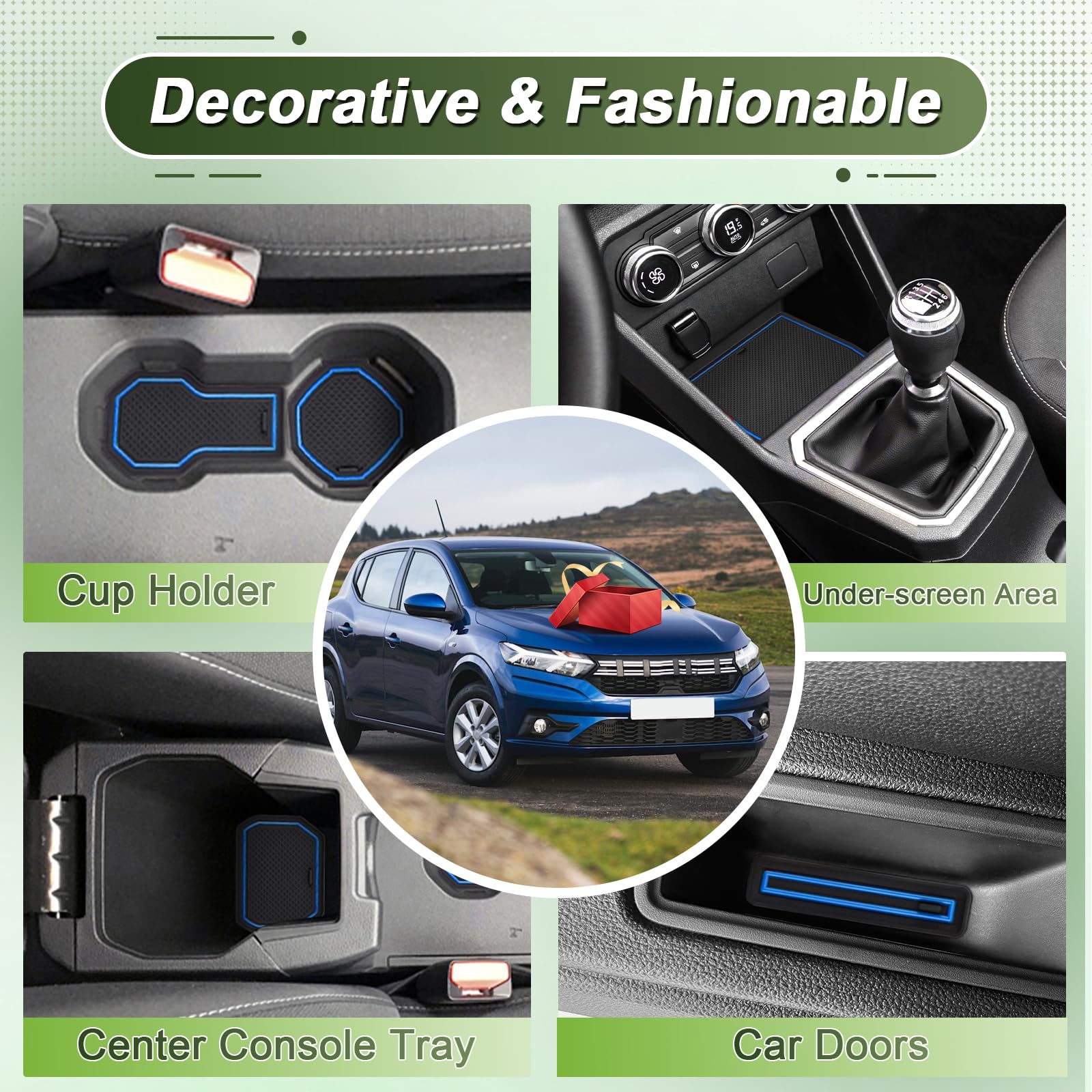Compatible avec 2021-2025 Dacia Sandero III & Dacia Sandero Stepway III Tapis Antidérapants pour Sandero 3 Tapis en Caoutchouc pour Console Centrale, Porte Verres, Rainure de Porte (Bleu)