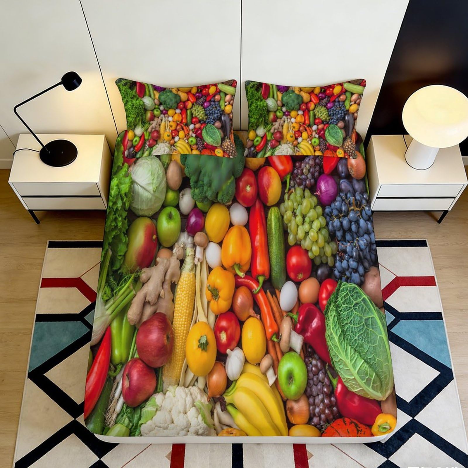 3D Printed Colorful Fruits Fitted Sheet Microfiber Soft Breathable Vegetable Bed Cover for Bedroom Dorm Decor 90x200x25cm