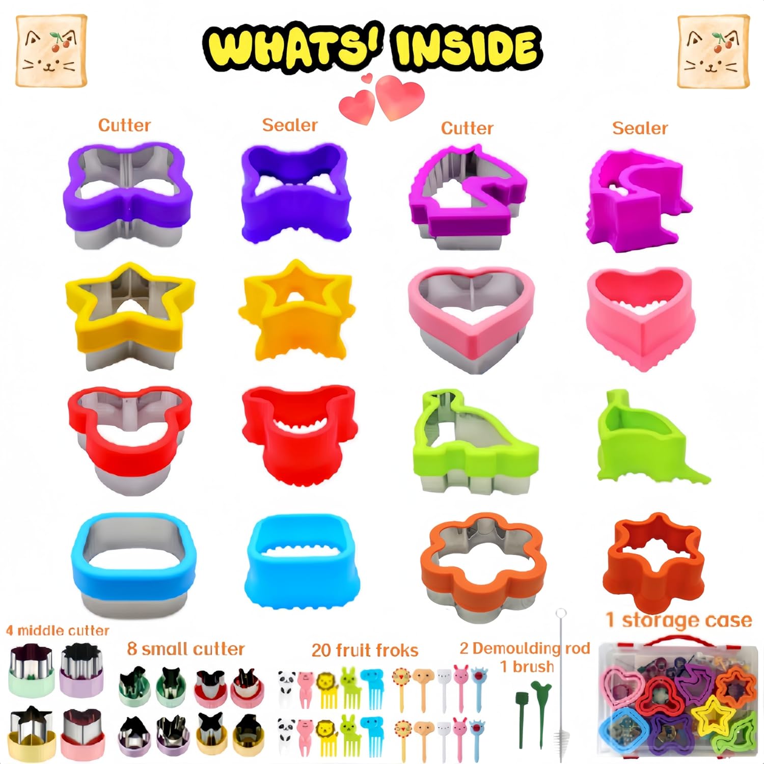 BANIC Uncrustable Sandwich Cutter, 43 Pcs Sandwich Cutter and Sealer, Crustless Sandwich Cutter Heart Star Unicorn Dino Butterfly etc, Lunch & Bento Box Accessories with Storage Container