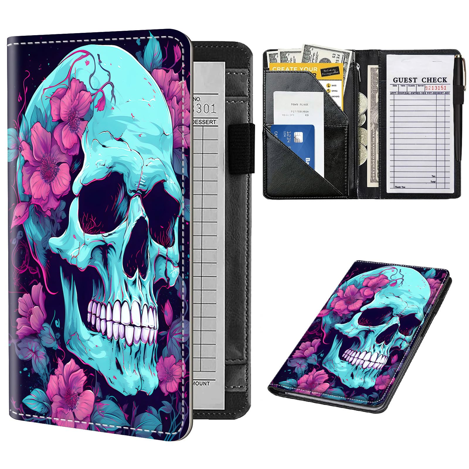 Server Book for Waitress,Server Books for Waitress with Zipper Pocket,Cute Server Book, Waitstaff Organizer Waitress Book with Money Pocket and Zipper Fit Server Apron,Flower Skull