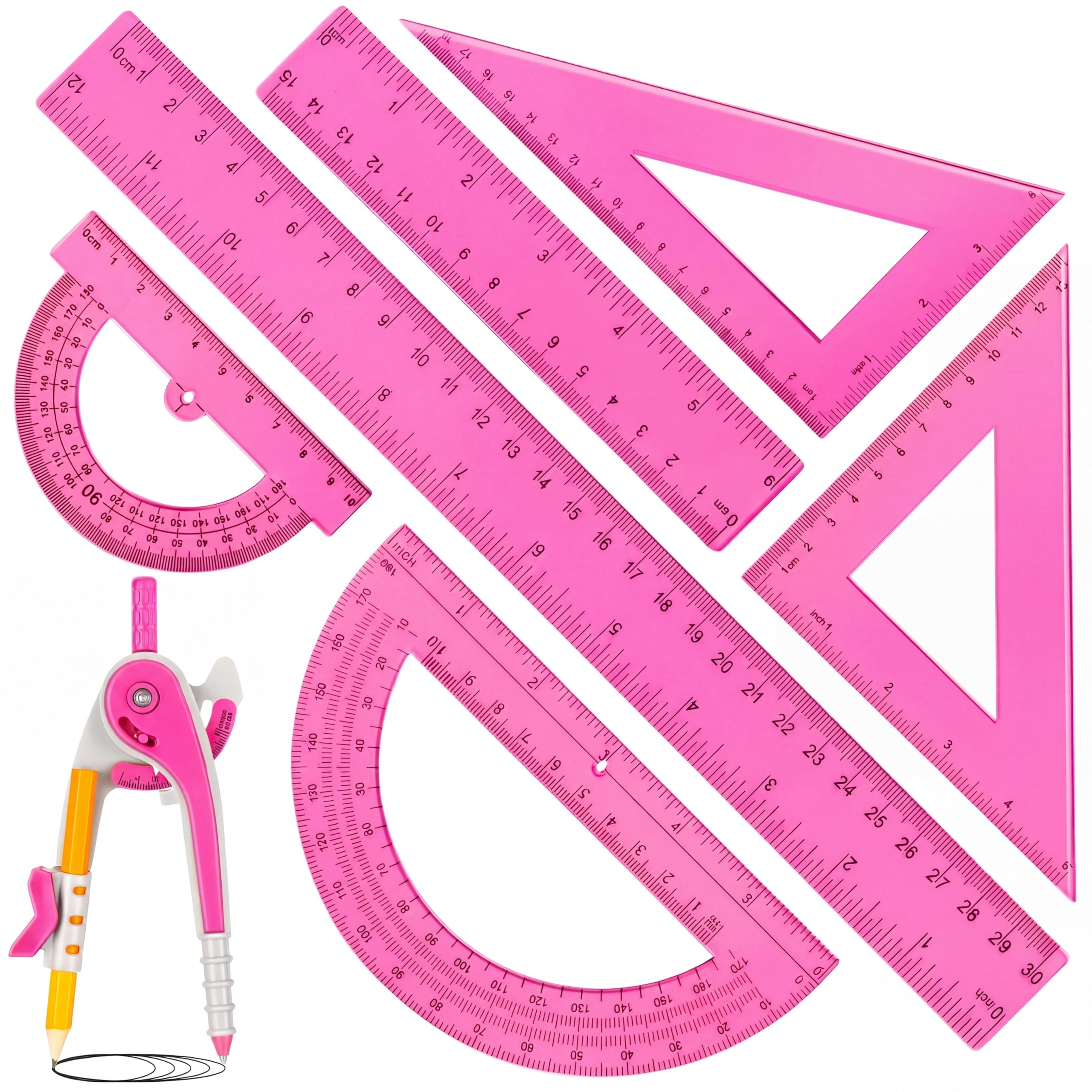 Photo 1 of Zonon 1 Set Plastic Geometry Math Set 7 Pcs Includes 6'' / 4 '' Protractor, Drawing Compass, 45/60 Degree Triangle Rulers, 12'' / 6'' Math Ruler Transparent for Office Supplies(Pink)